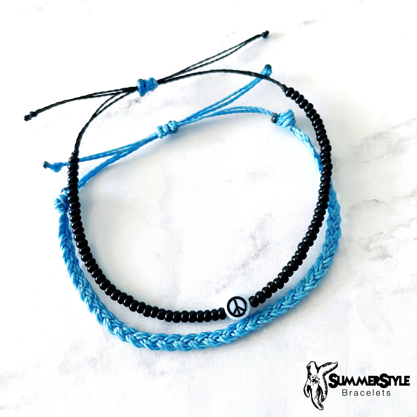 Baby Blue Peace Sign Bracelet Set, Seed Bead Bracelet, Braided Bracelet, Hippie Jewelry, SummerStyle Bracelets