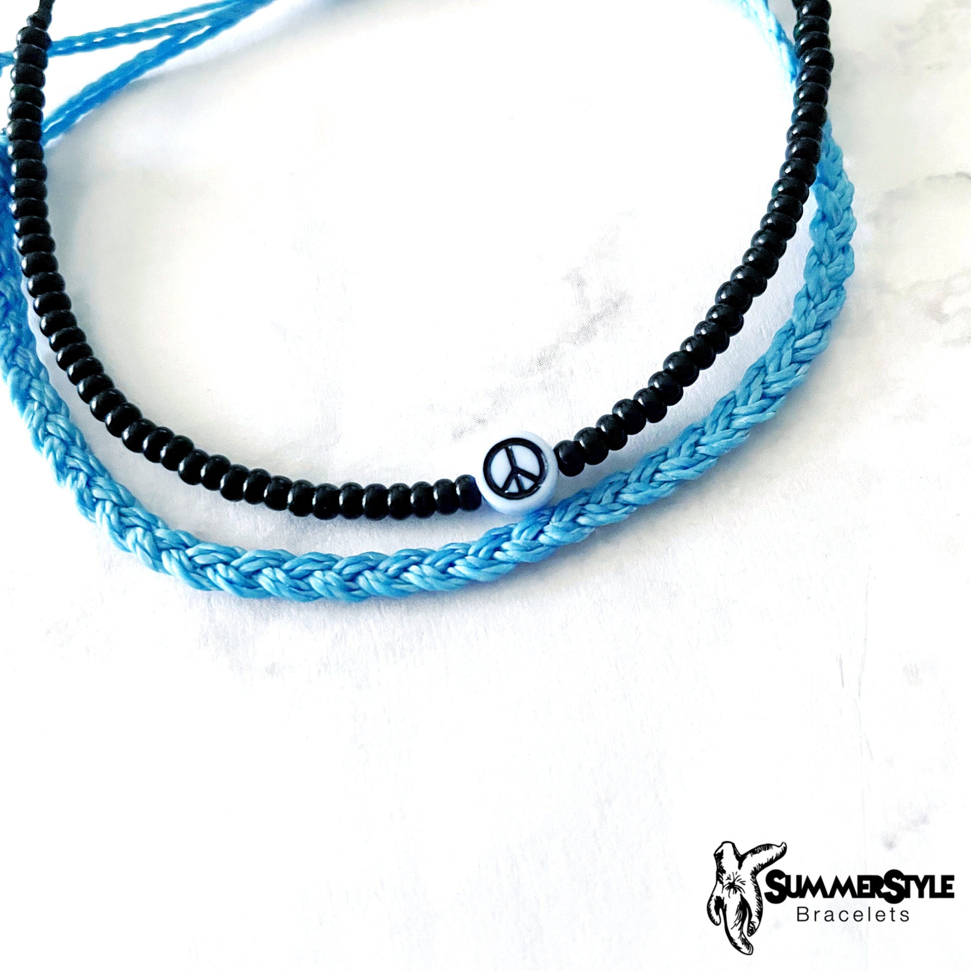 Baby Blue Peace Sign Bracelet Set, Seed Bead Bracelet, Braided Bracelet, Hippie Jewelry, SummerStyle Bracelets