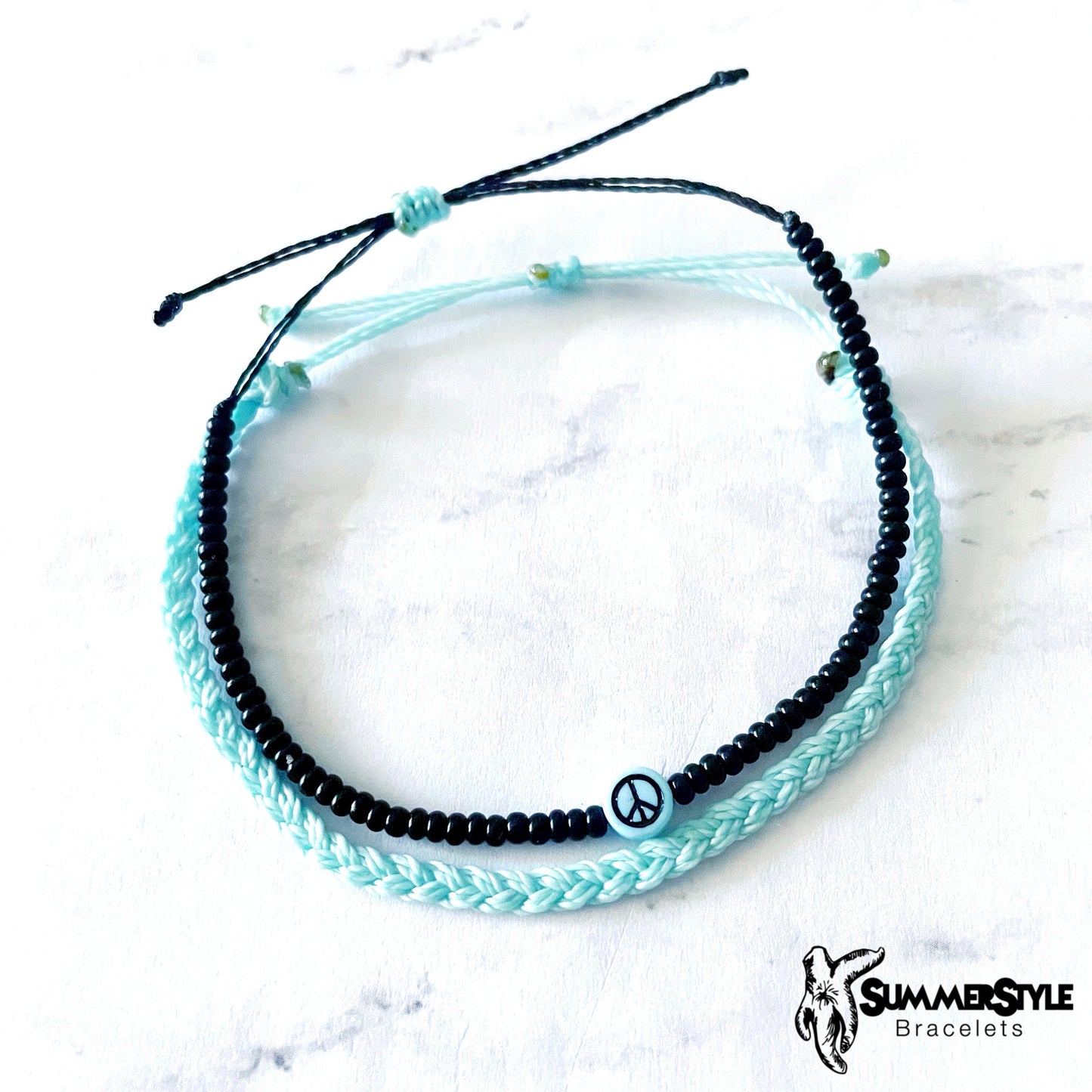 Sky Blue Peace Sign Bracelet Set, Seed Bead Bracelet, Braided Bracelet, Hippie Jewelry, SummerStyle Bracelets