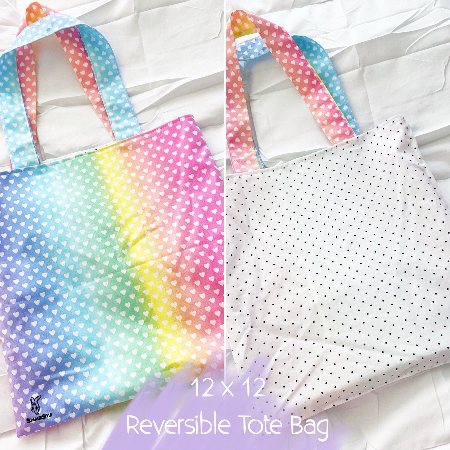 Rainbow Hearts Reversible Bookish Tote Bag, Reversible Tote, Tablet Bag, Book Tote, SummerStyle Bracelets