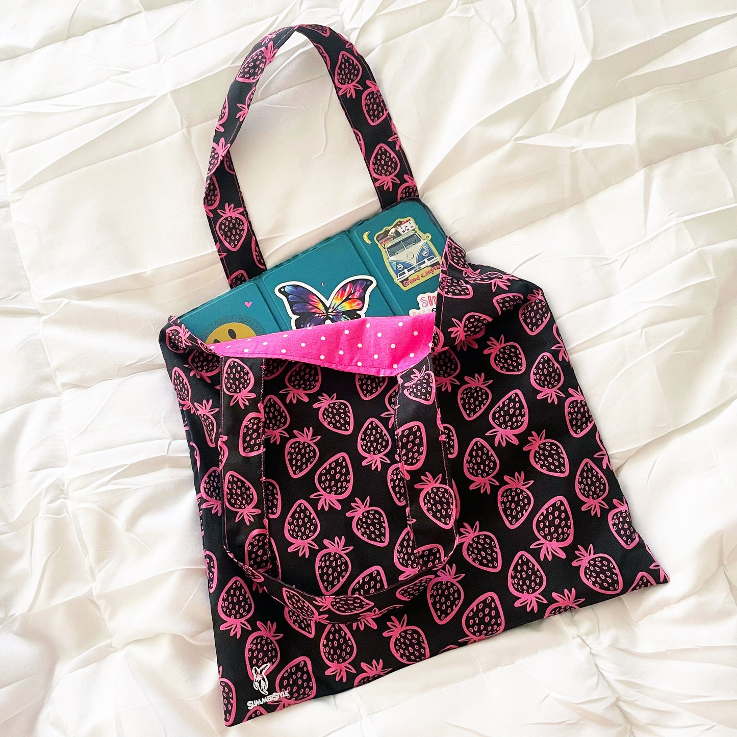 Hot Pink Strawberry Reversible Bookish Tote Bag, Reversible Tote, Tablet Bag, Book Tote, SummerStyle Bracelets