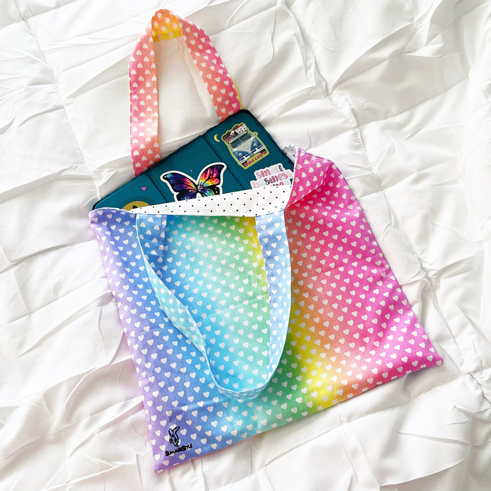 Rainbow Hearts Reversible Bookish Tote Bag, Reversible Tote, Tablet Bag, Book Tote, SummerStyle Bracelets