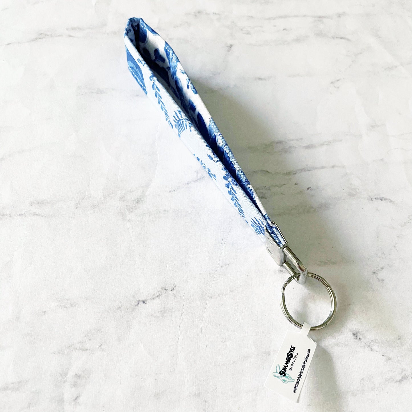 Blue Floral Patchwork Key Fob Wristlet, 6.5in Wristlet Lanyard, Keychain Wristlet, Handmade Lanyard, SummerStyle Bracelets
