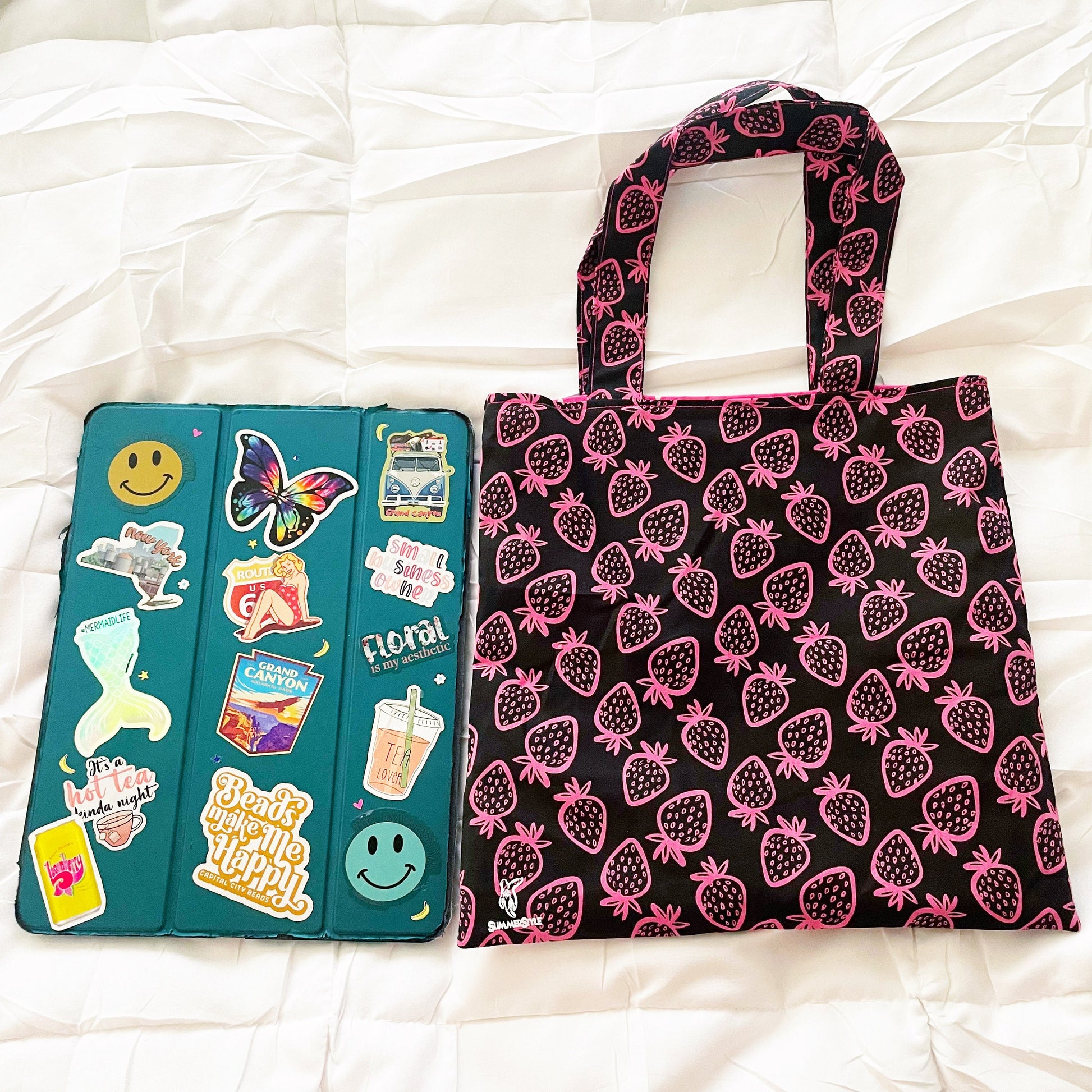 Hot Pink Strawberry Reversible Bookish Tote Bag, Reversible Tote, Tablet Bag, Book Tote, SummerStyle Bracelets