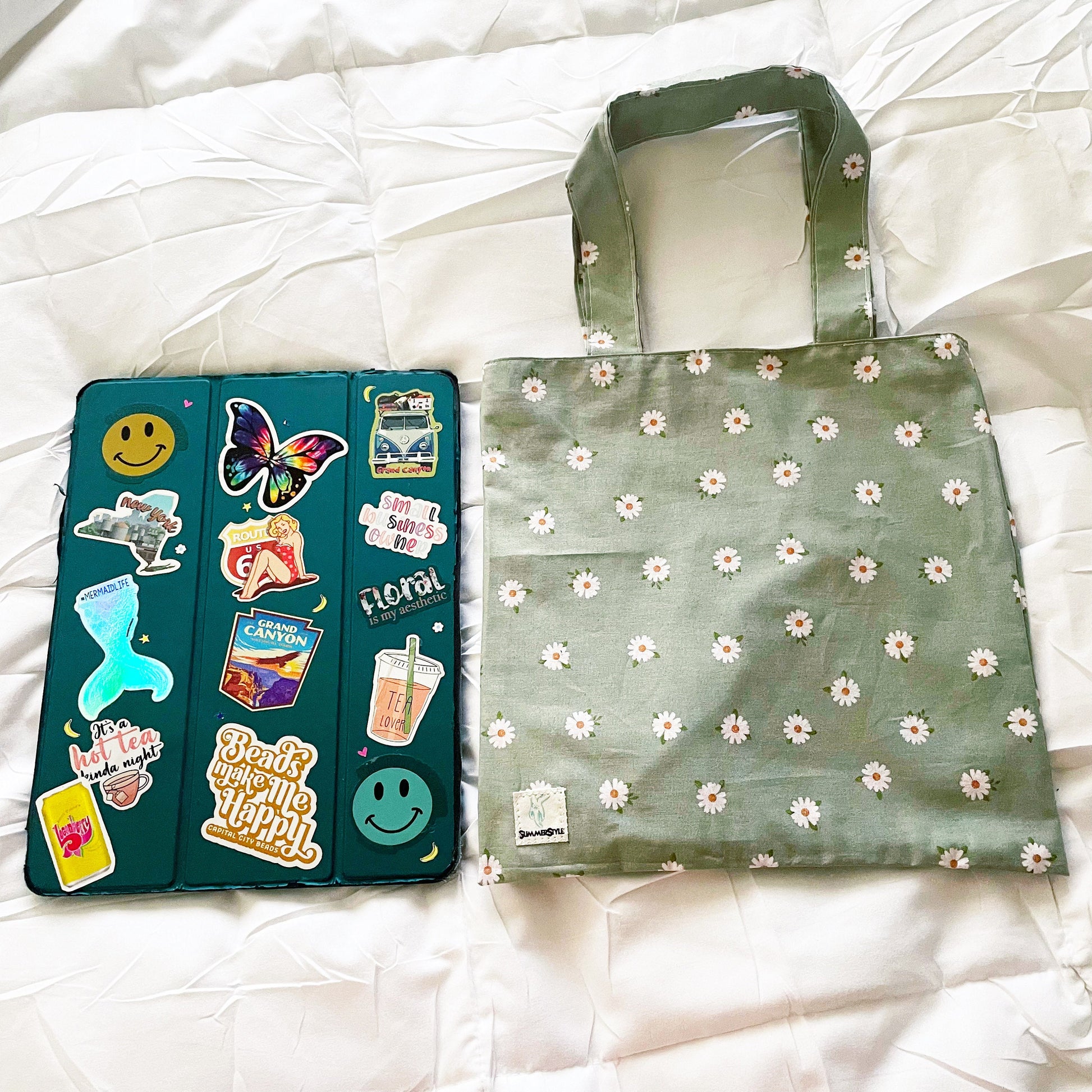 Sage Daisy Reversible Bookish Tote Bag, Reversible Tote, Tablet Bag, Book Tote, SummerStyle Bracelets