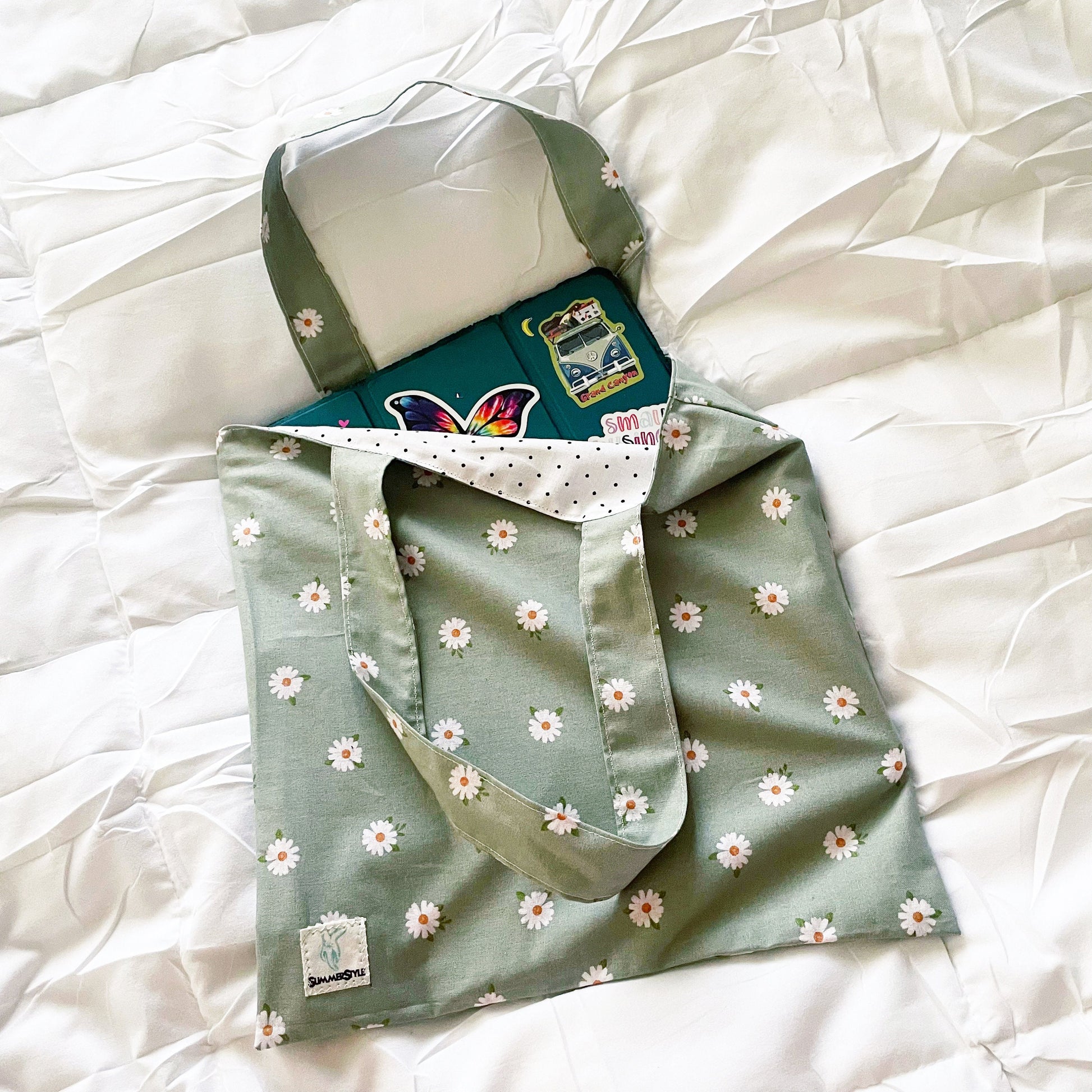 Sage Daisy Reversible Bookish Tote Bag, Reversible Tote, Tablet Bag, Book Tote, SummerStyle Bracelets