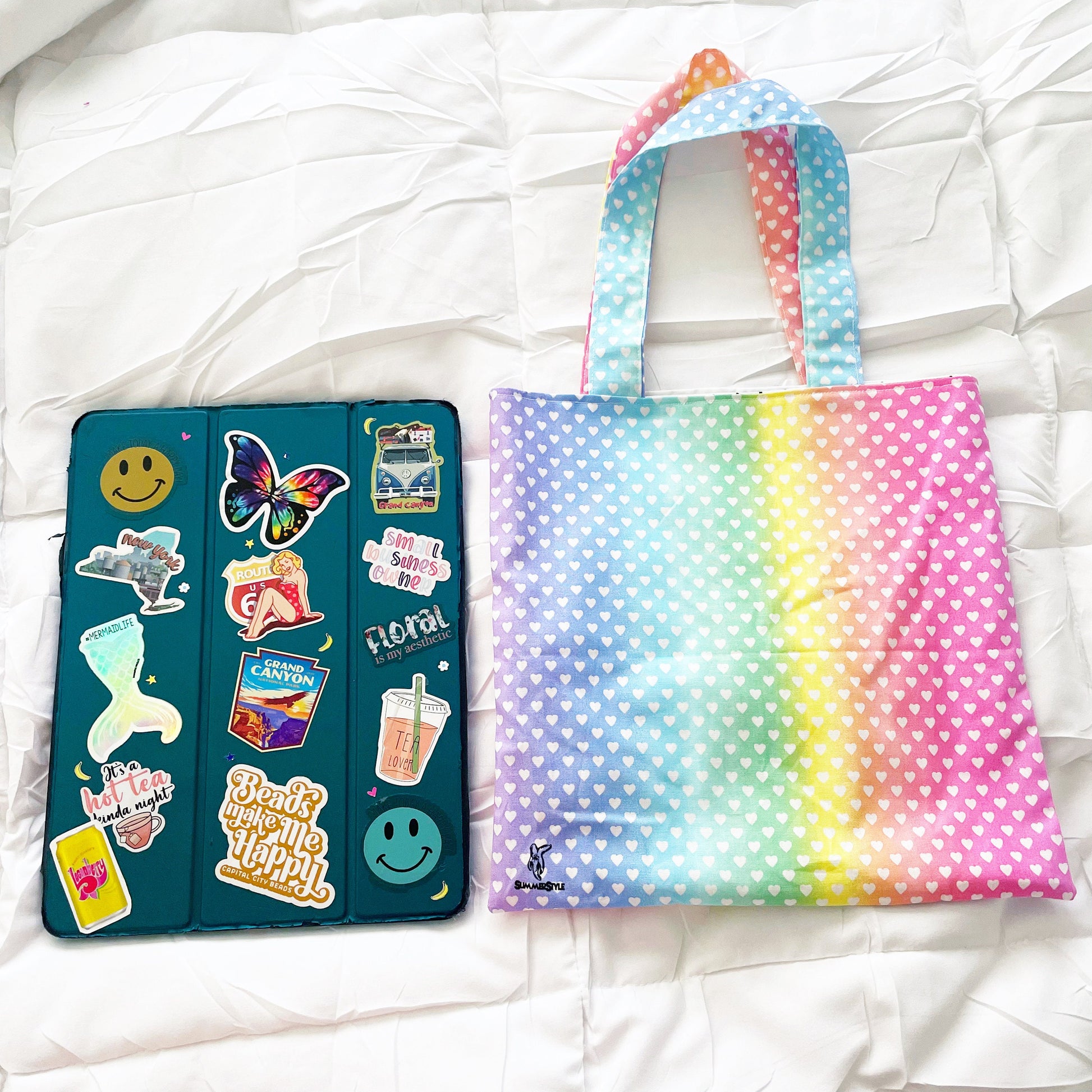 Rainbow Hearts Reversible Bookish Tote Bag, Reversible Tote, Tablet Bag, Book Tote, SummerStyle Bracelets