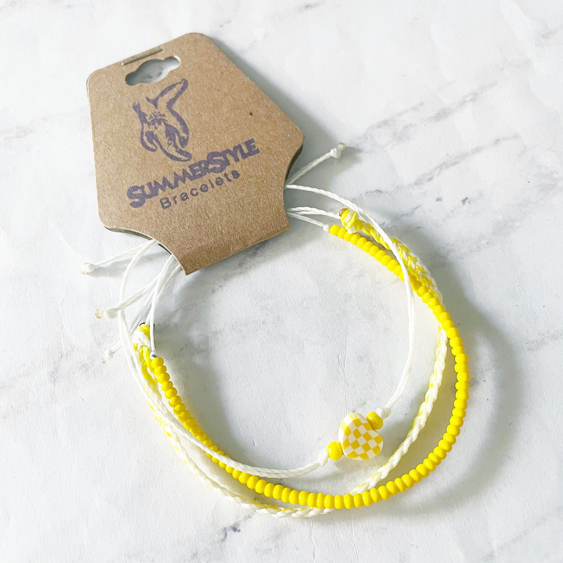 Yellow & White Checkered Heart Adjustable Waterproof Bracelet Pack, Heart Jewelry, Checkered Jewelry, SummerStyle Bracelets