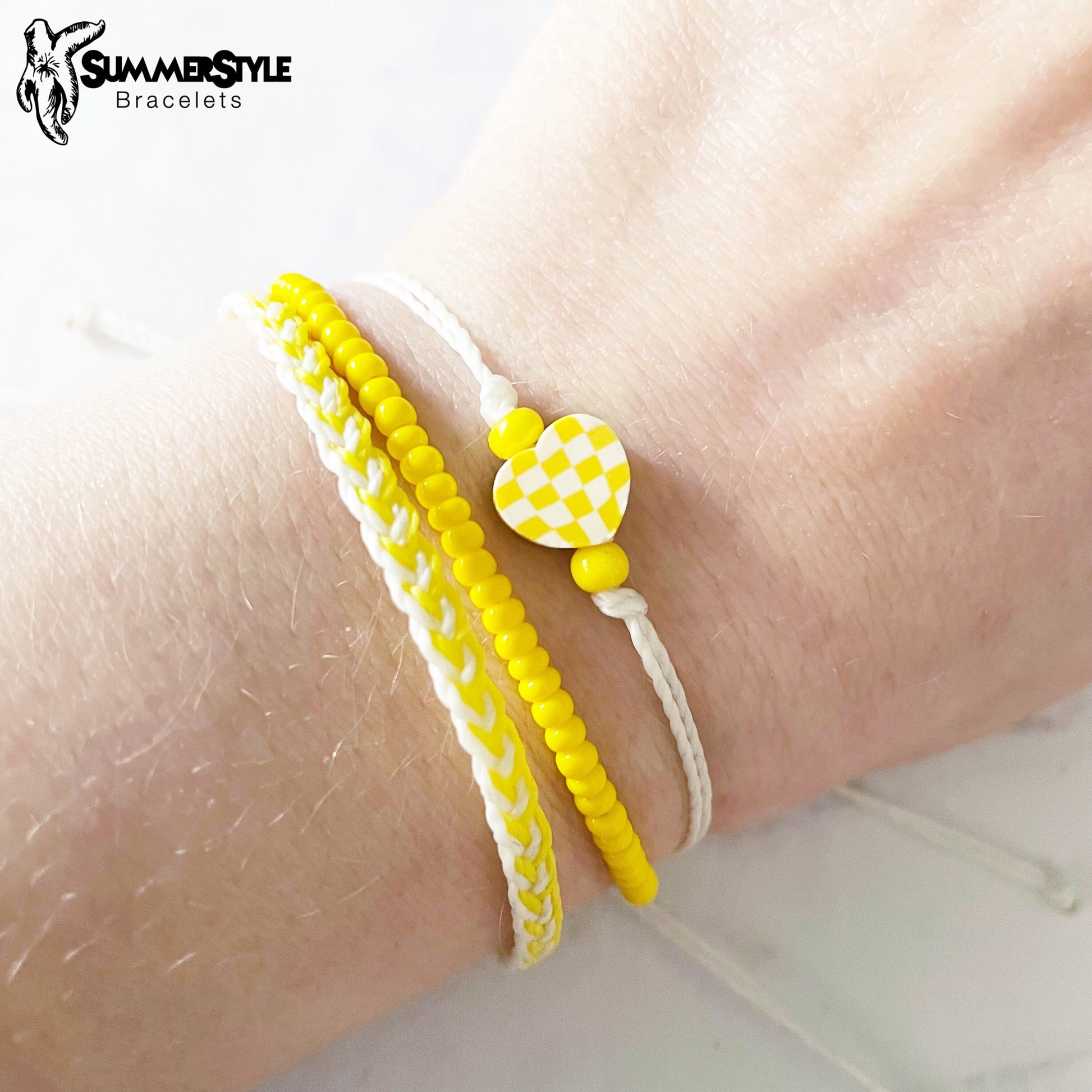 Yellow & White Checkered Heart Adjustable Waterproof Bracelet Pack, Heart Jewelry, Checkered Jewelry, SummerStyle Bracelets