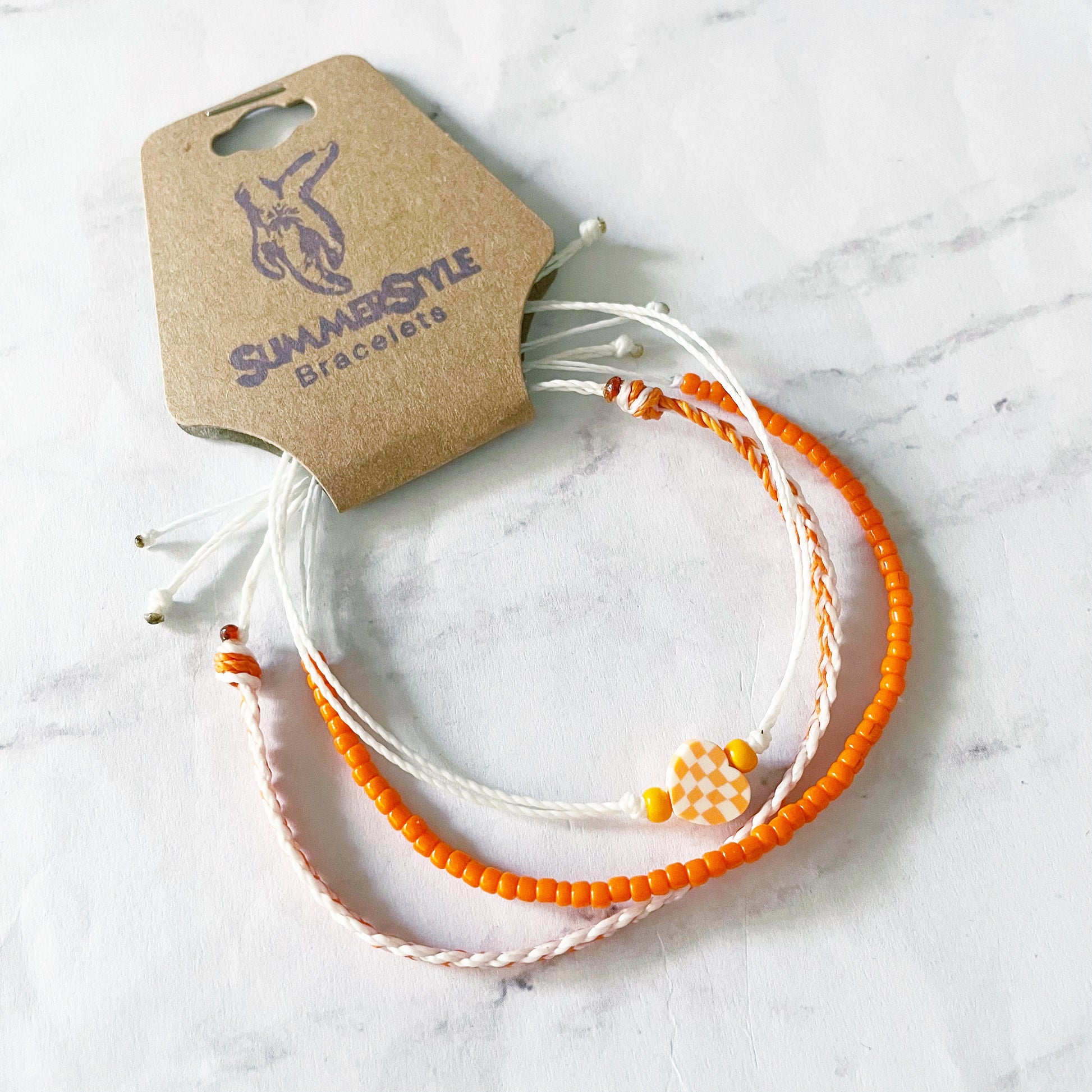 Orange & White Checkered Heart Adjustable Waterproof Bracelet Pack, Heart Jewelry, Checkered Jewelry, SummerStyle Bracelets