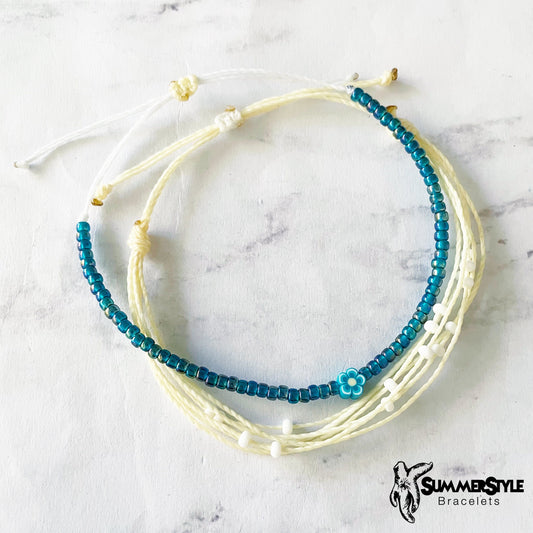 Dark Teal Flower Adjustable Waterproof Bracelet Pack, Flower Bracelet, Seed Bead Bracelet, Floral Jewelry, SummerStyle Bracelets