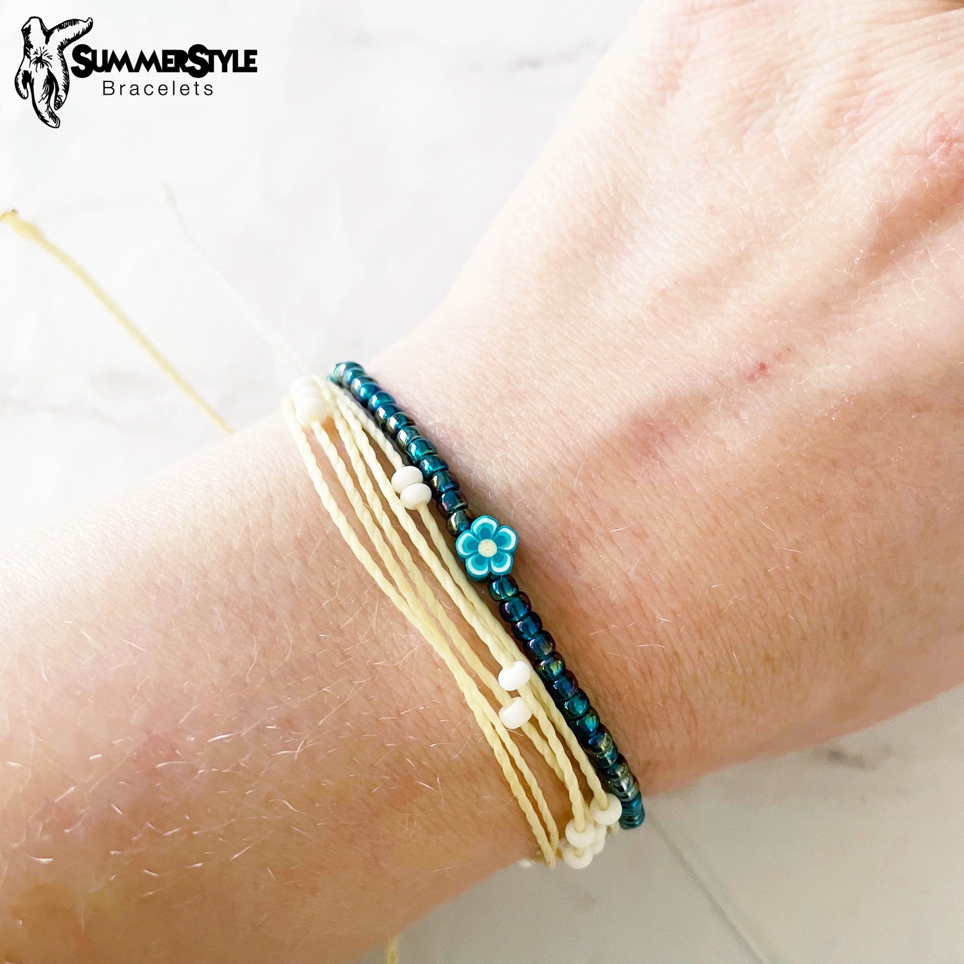 Dark Teal Flower Adjustable Waterproof Bracelet Pack, Flower Bracelet, Seed Bead Bracelet, Floral Jewelry, SummerStyle Bracelets