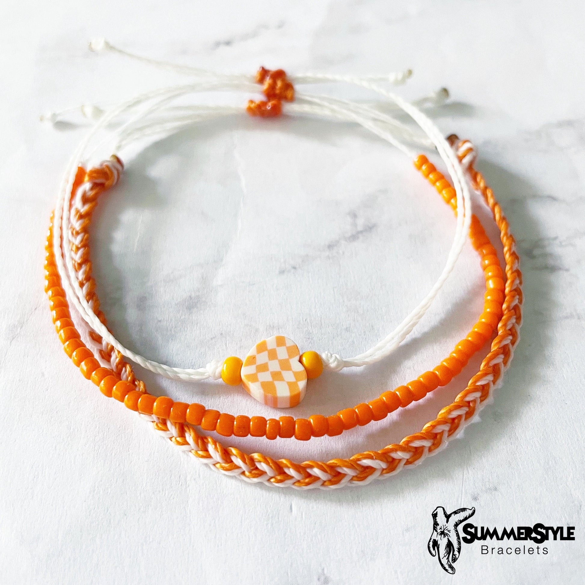 Orange & White Checkered Heart Adjustable Waterproof Bracelet Pack, Heart Jewelry, Checkered Jewelry, SummerStyle Bracelets
