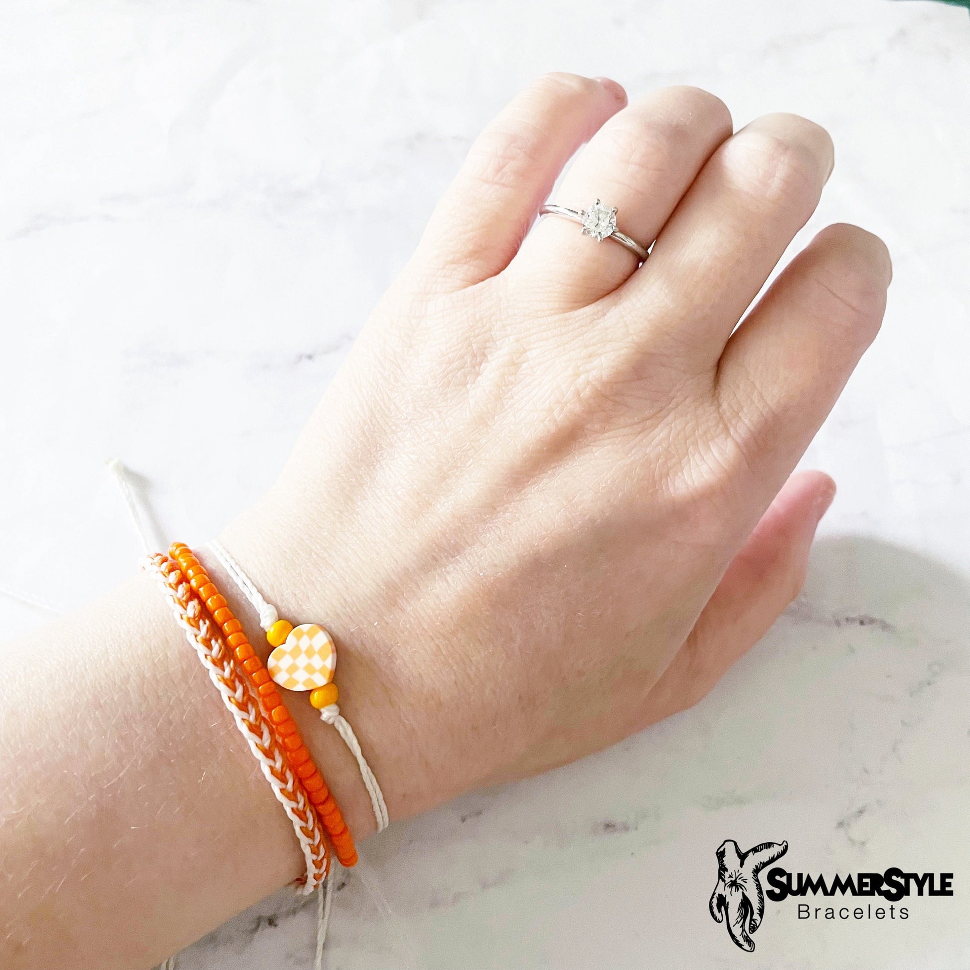 Orange & White Checkered Heart Adjustable Waterproof Bracelet Pack, Heart Jewelry, Checkered Jewelry, SummerStyle Bracelets