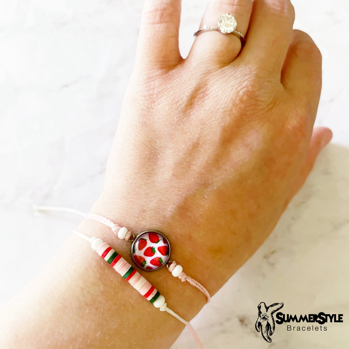 Pink Strawberry Adjustable Waterproof Bracelet Pack, Strawberry Gift, Strawberry Bracelet, Heishi Bracelet, SummerStyle Bracelets