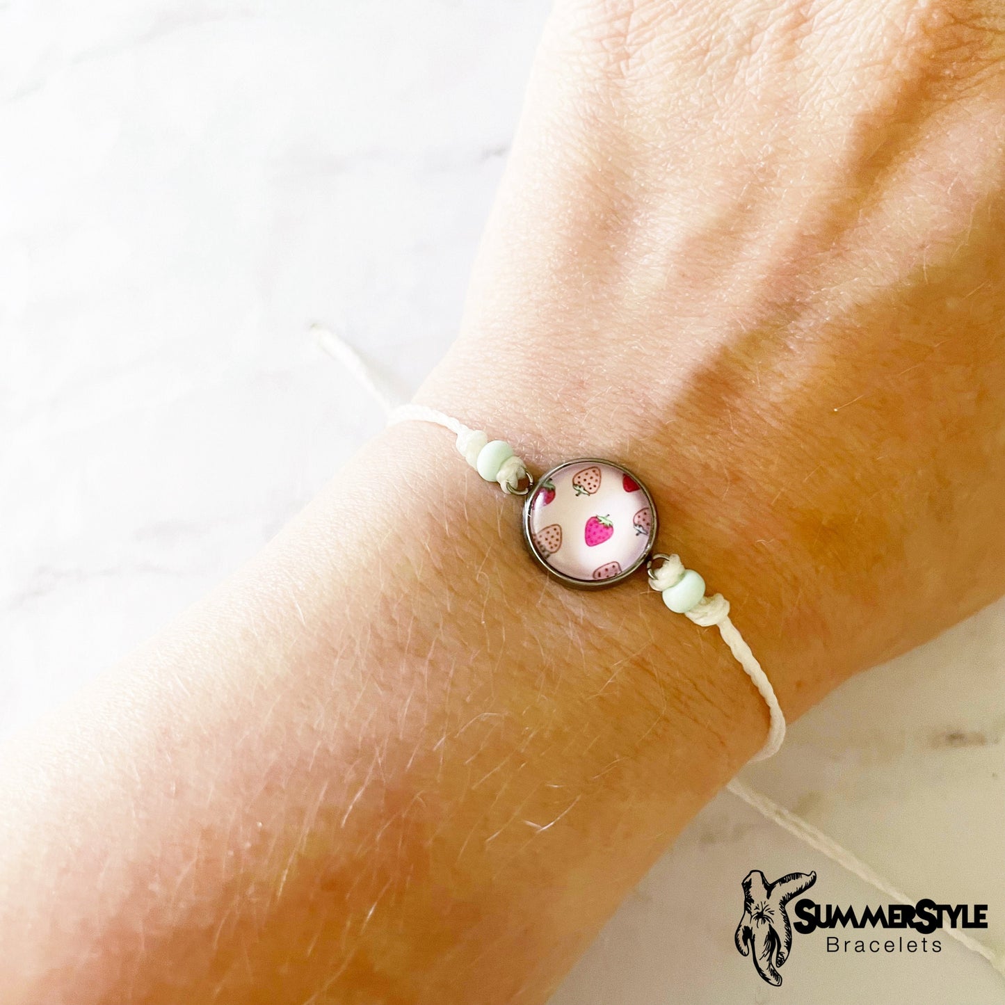 Pastel Strawberry Adjustable Waterproof Bracelet, Strawberry Bracelet, Cabochon Jewelry, Wax Cord Bracelet, SummerStyle Bracelets