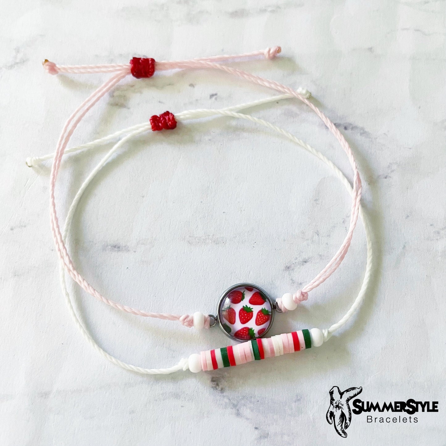 Pink Strawberry Adjustable Waterproof Bracelet Pack, Strawberry Gift, Strawberry Bracelet, Heishi Bracelet, SummerStyle Bracelets