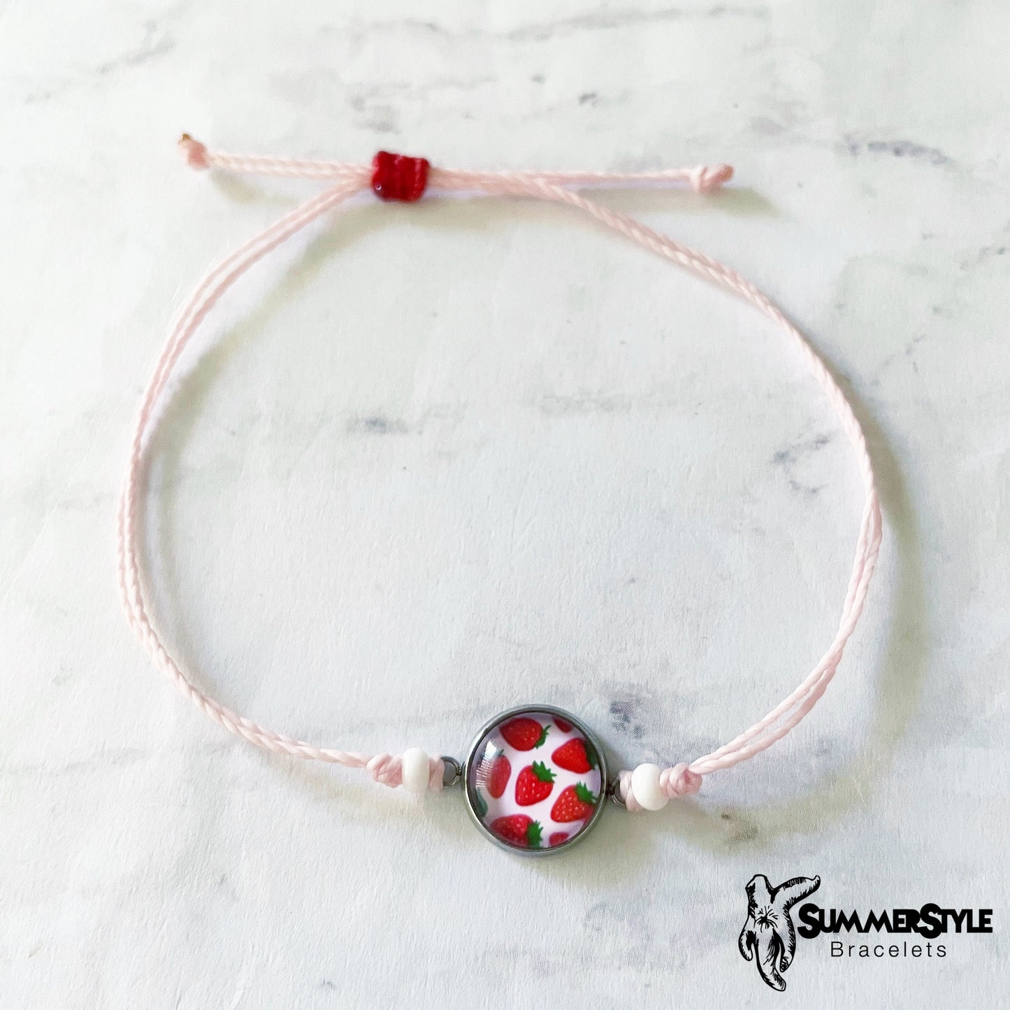 Pink Strawberry Adjustable Waterproof Bracelet Pack, Strawberry Gift, Strawberry Bracelet, Heishi Bracelet, SummerStyle Bracelets