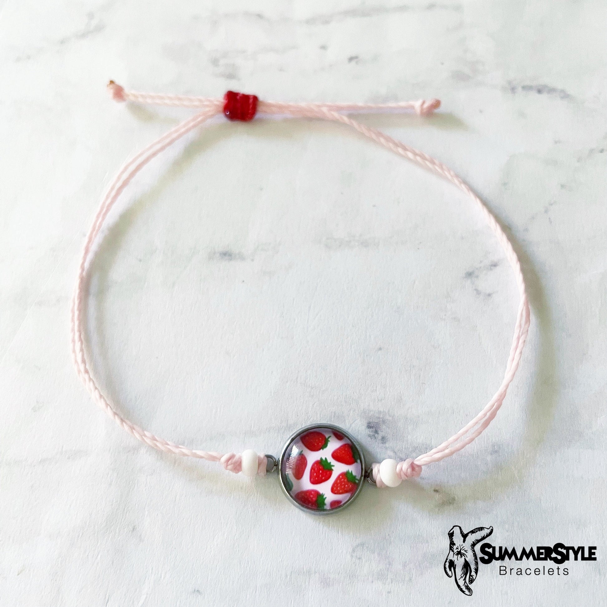 Pink Strawberry Adjustable Waterproof Bracelet Pack, Strawberry Gift, Strawberry Bracelet, Heishi Bracelet, SummerStyle Bracelets