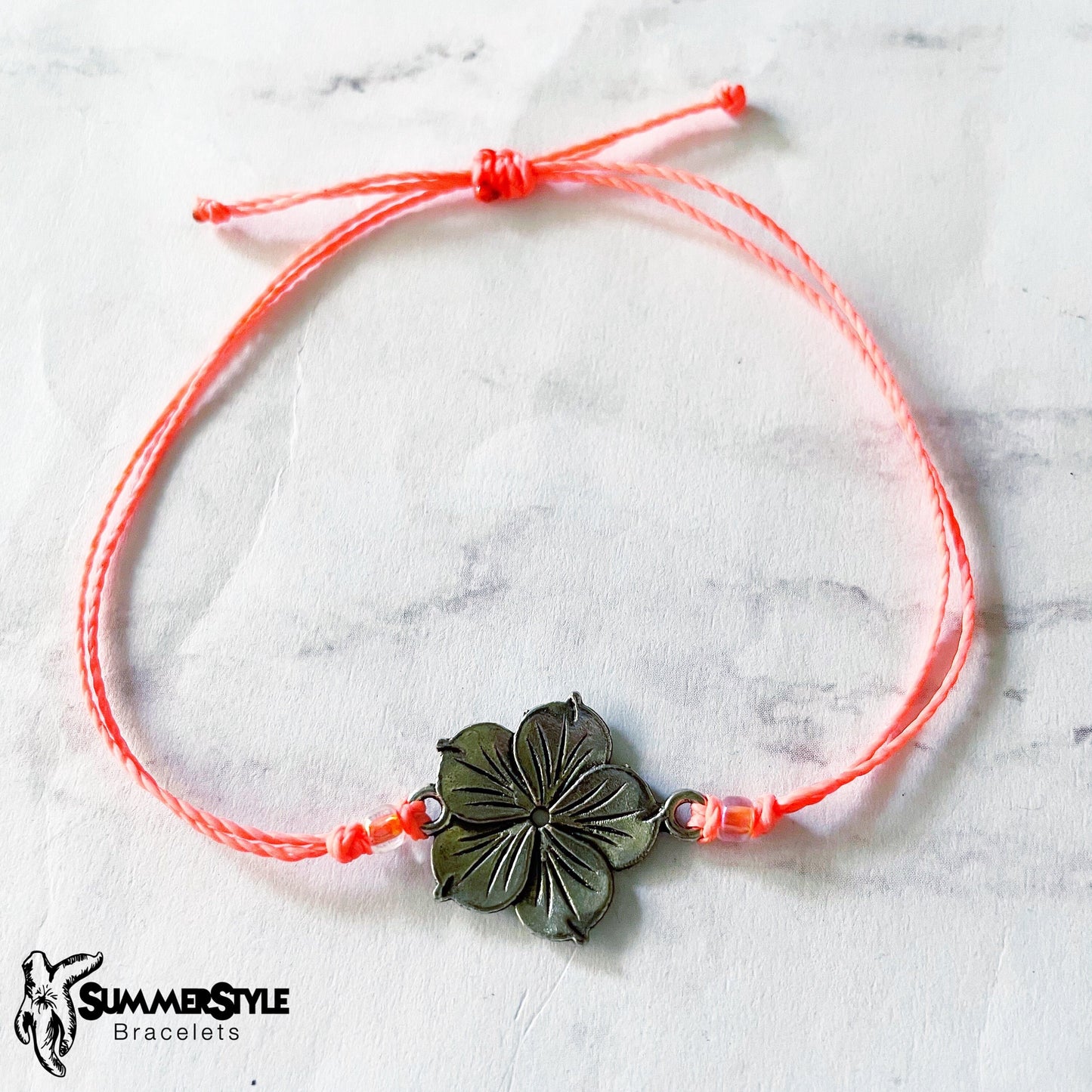 Silver Hibiscus Custom Adjustable Waterproof Bracelet, Tropical Flower Bracelet, Hibiscus Jewelry, Wax Cord Bracelet, SummerStyle Bracelets