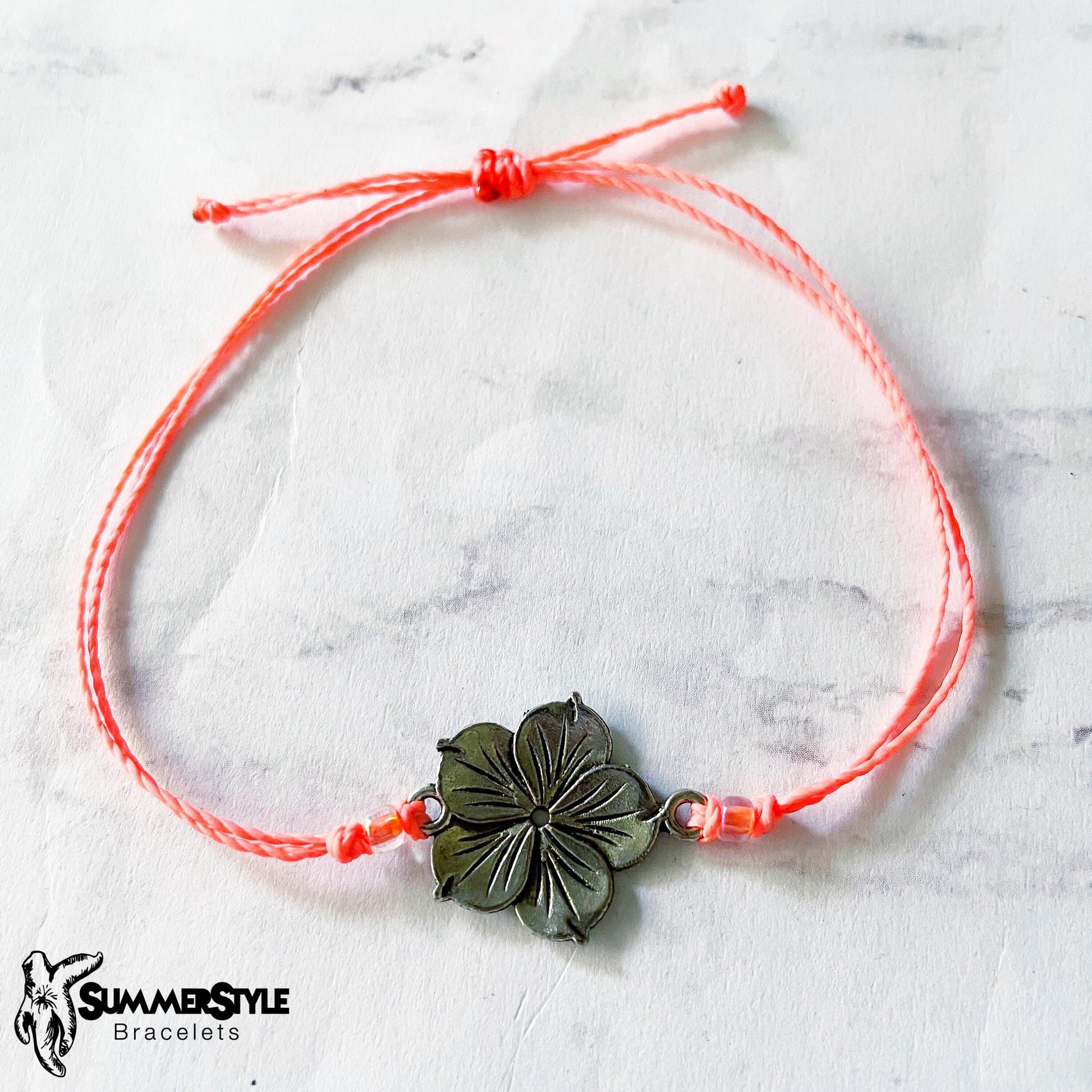 Silver Hibiscus Custom Adjustable Waterproof Bracelet, Tropical Flower Bracelet, Hibiscus Jewelry, Wax Cord Bracelet, SummerStyle Bracelets