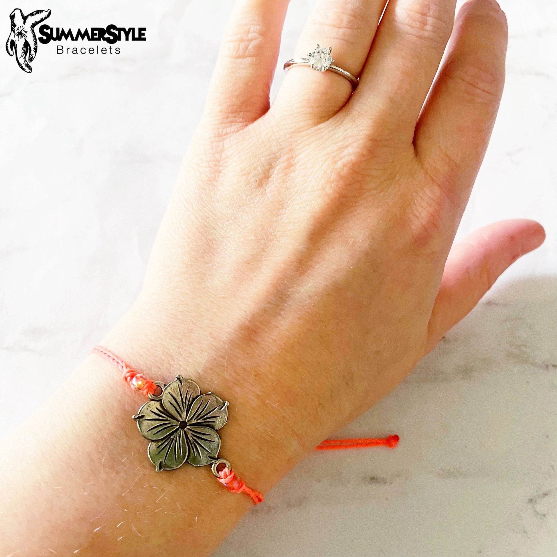 Silver Hibiscus Custom Adjustable Waterproof Bracelet, Tropical Flower Bracelet, Hibiscus Jewelry, Wax Cord Bracelet, SummerStyle Bracelets