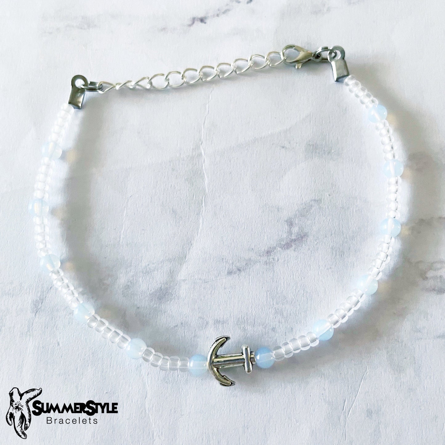 Moonstone Anchor Skinny Beaded Anklet, Ankle Bracelet, Seed Bead Anklet, Anchor Jewelry, SummerStyle Bracelets