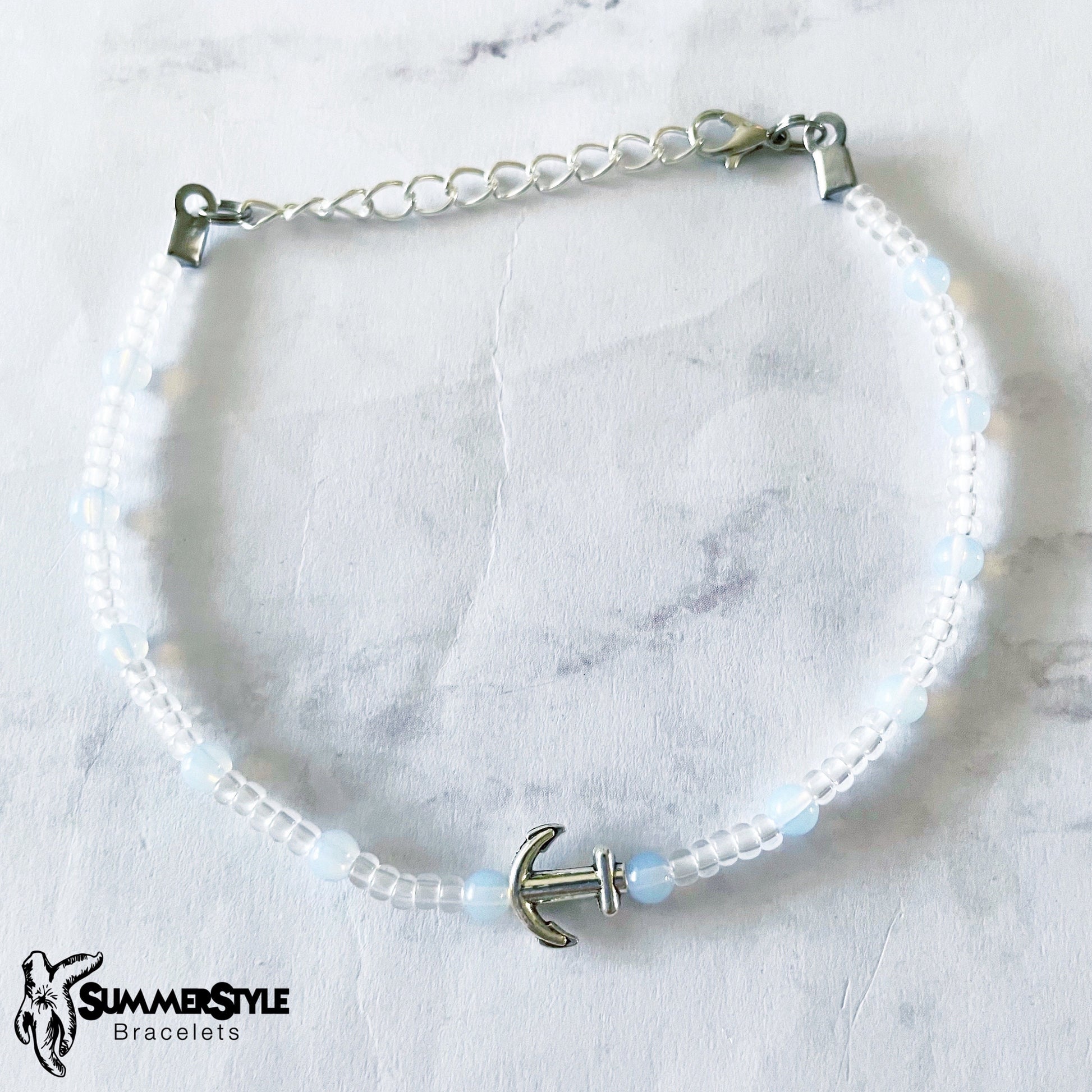 Moonstone Anchor Skinny Beaded Anklet, Ankle Bracelet, Seed Bead Anklet, Anchor Jewelry, SummerStyle Bracelets