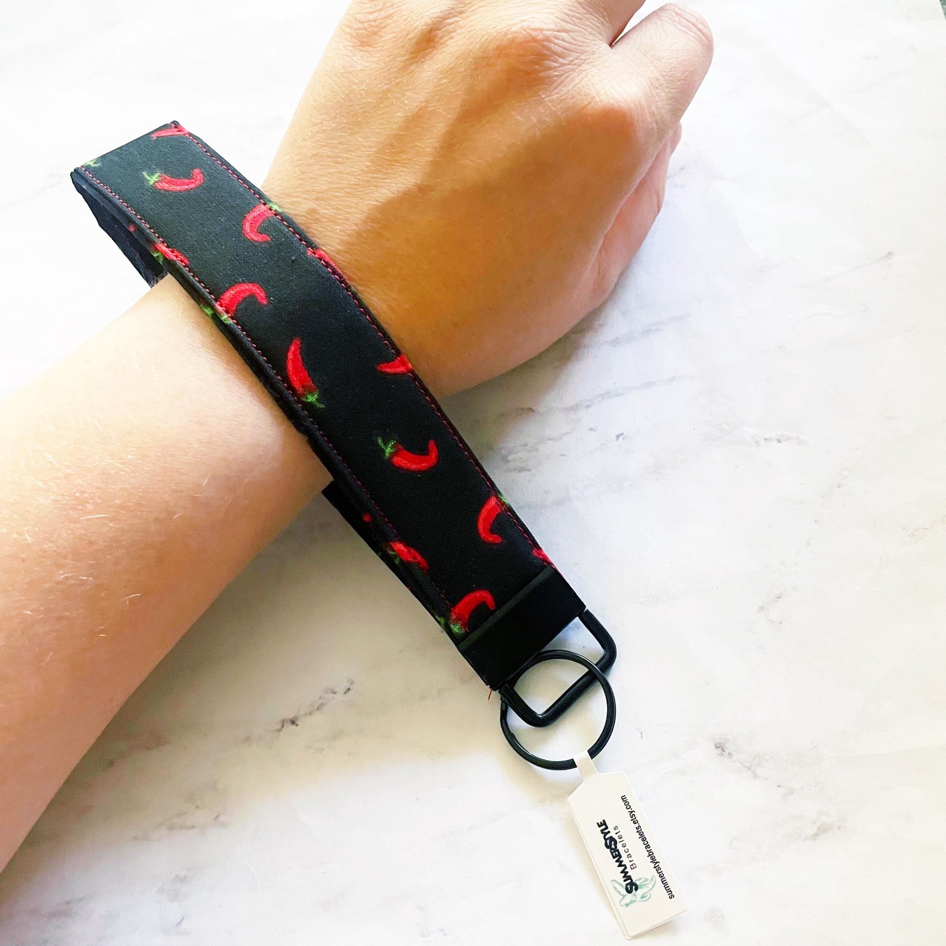 Black Chili Pepper Key Fob Wristlet, 6.5in Wristlet Lanyard, Keychain Wristlet, Handmade Lanyard, SummerStyle Bracelets