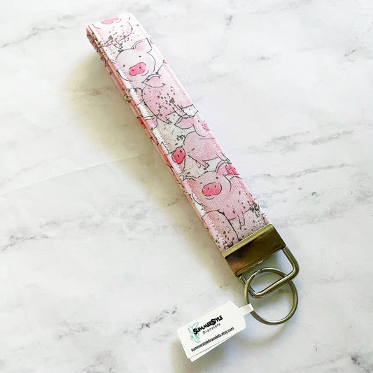Pink Pigs Key Fob Wristlet, 6.5in Wristlet Lanyard, Keychain Wristlet, Handmade Lanyard, SummerStyle Bracelets
