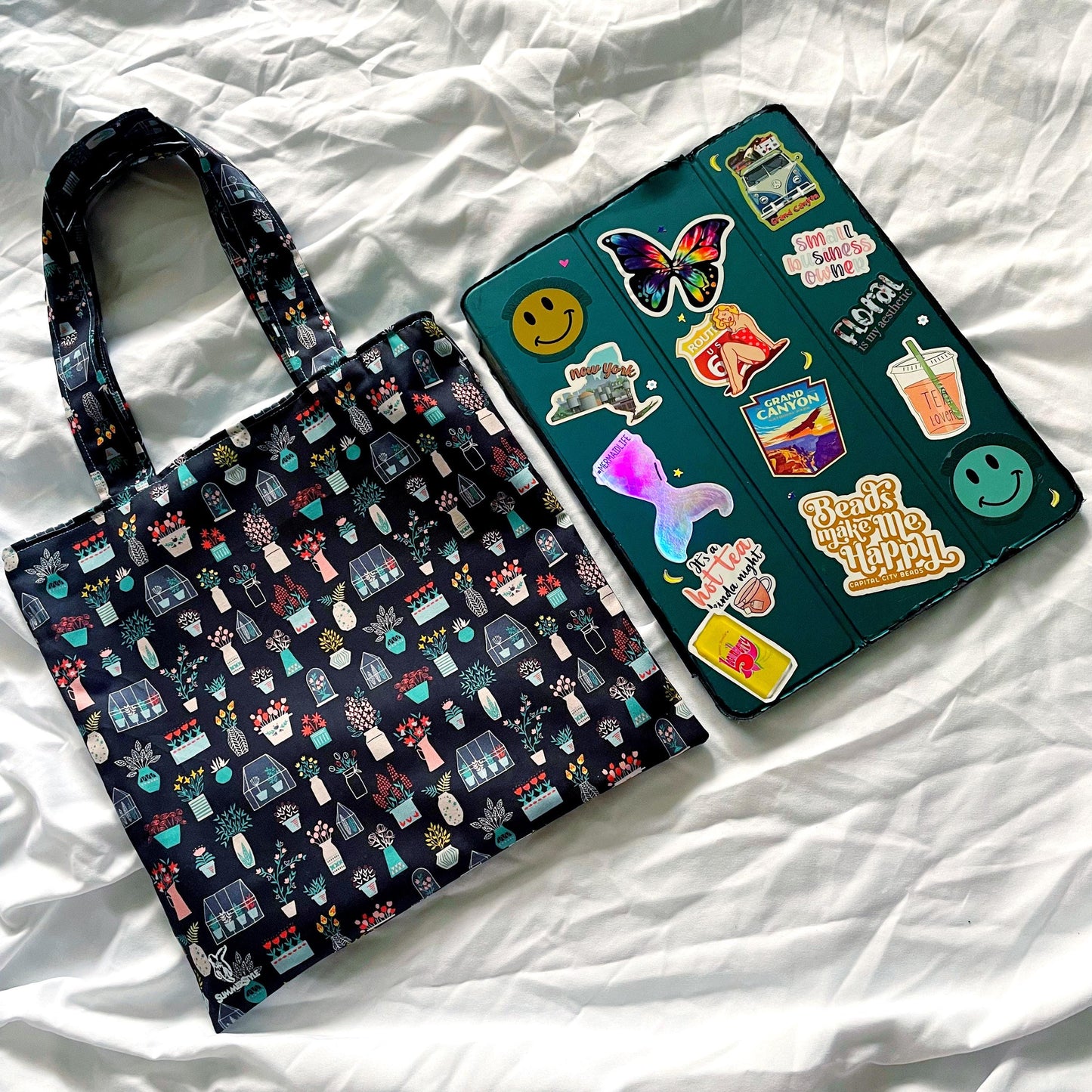 Happy House Plants Reversible Bookish Tote Bag, Reversible Tote, Tablet Bag, Book Tote, SummerStyle Bracelets