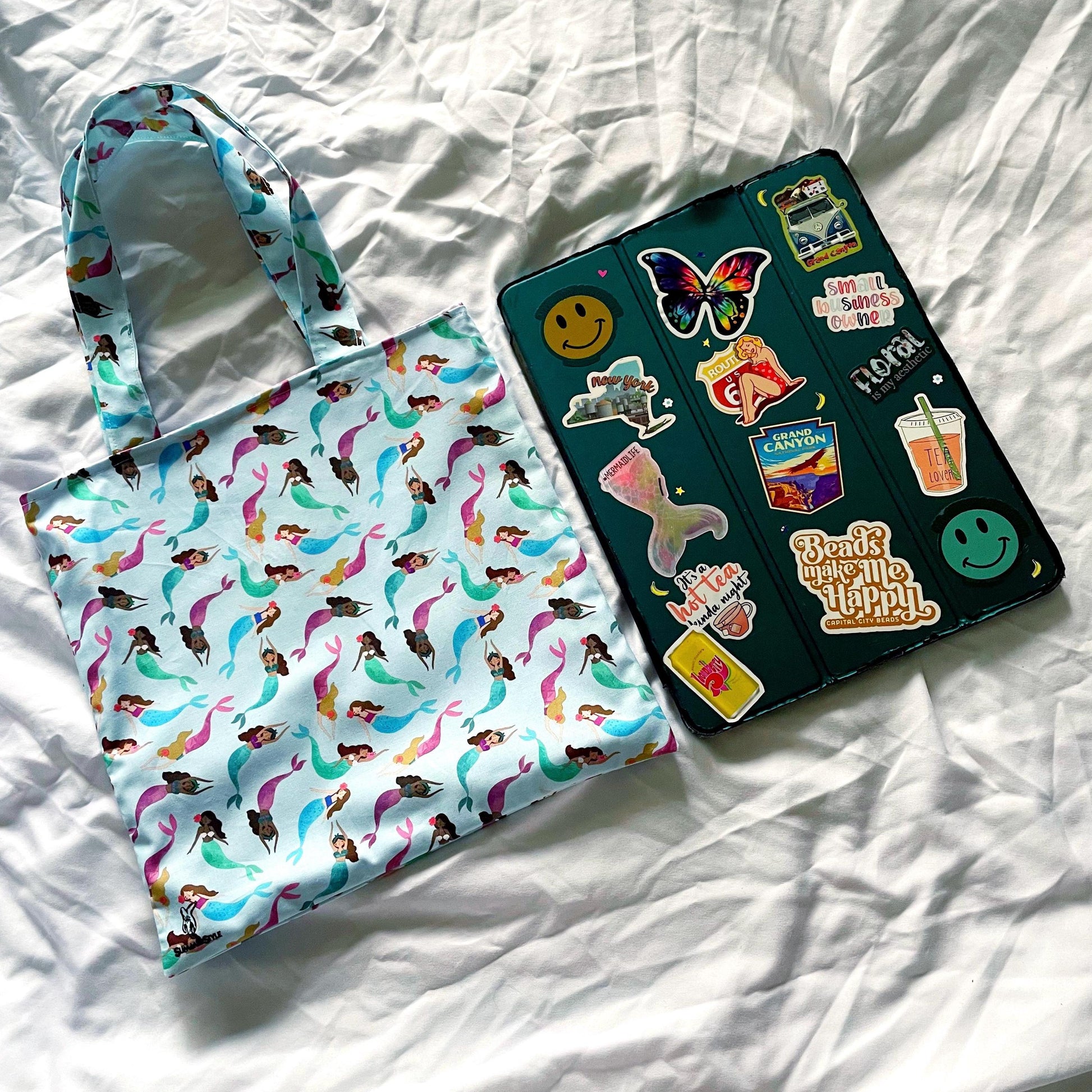 Mermaid Bubbles Reversible Bookish Tote Bag, Reversible Tote, Tablet Bag, Book Tote, SummerStyle Bracelets