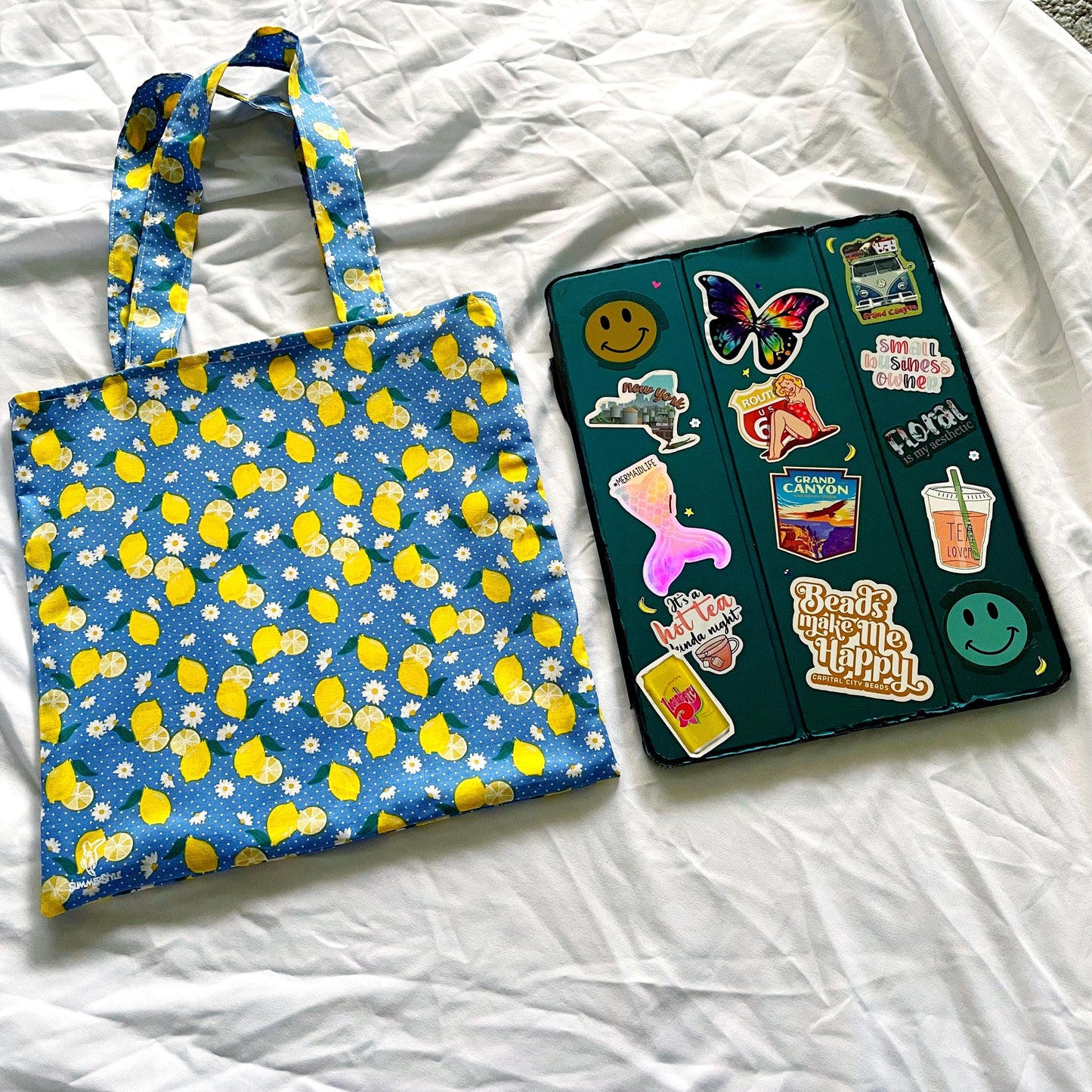 Double Lemon Reversible Bookish Tote Bag, Reversible Tote, Tablet Bag, Book Tote, SummerStyle Bracelets