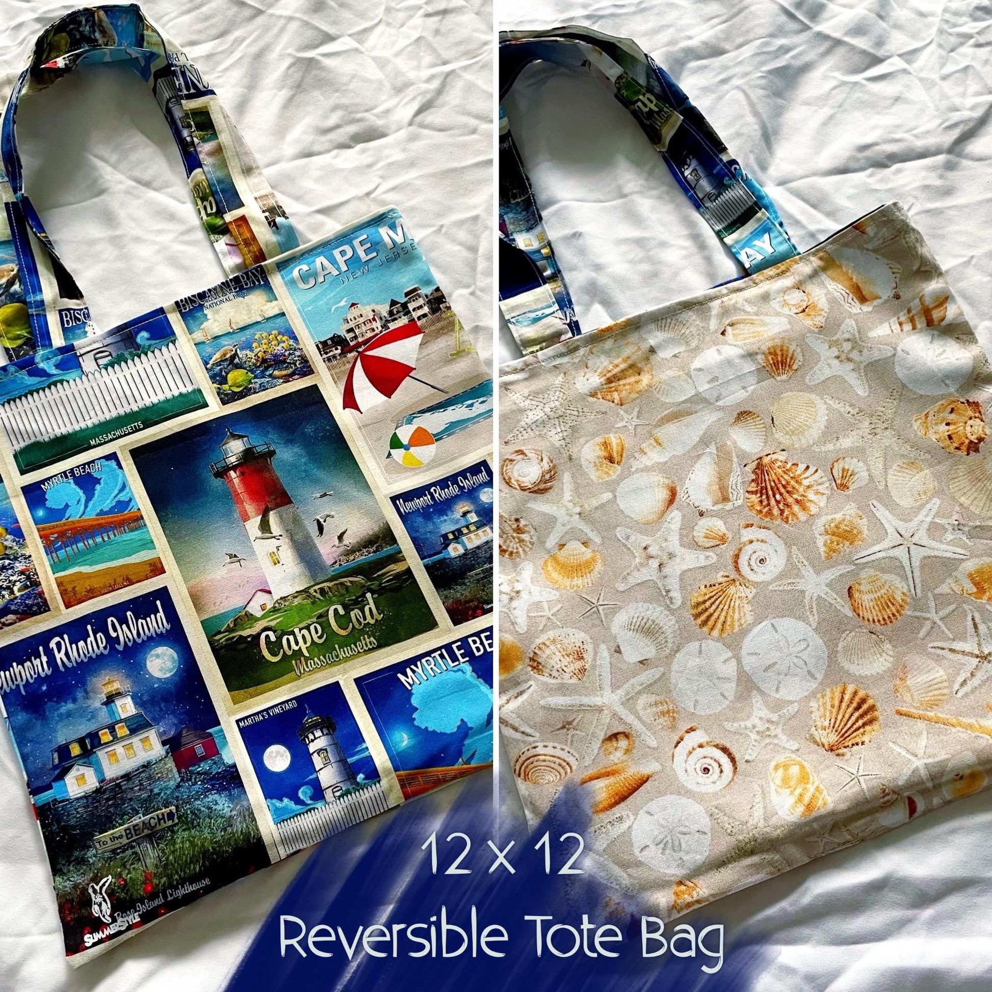 East Coast Summer Reversible Bookish Tote Bag, Reversible Tote, Tablet Bag, Book Tote, SummerStyle Bracelets
