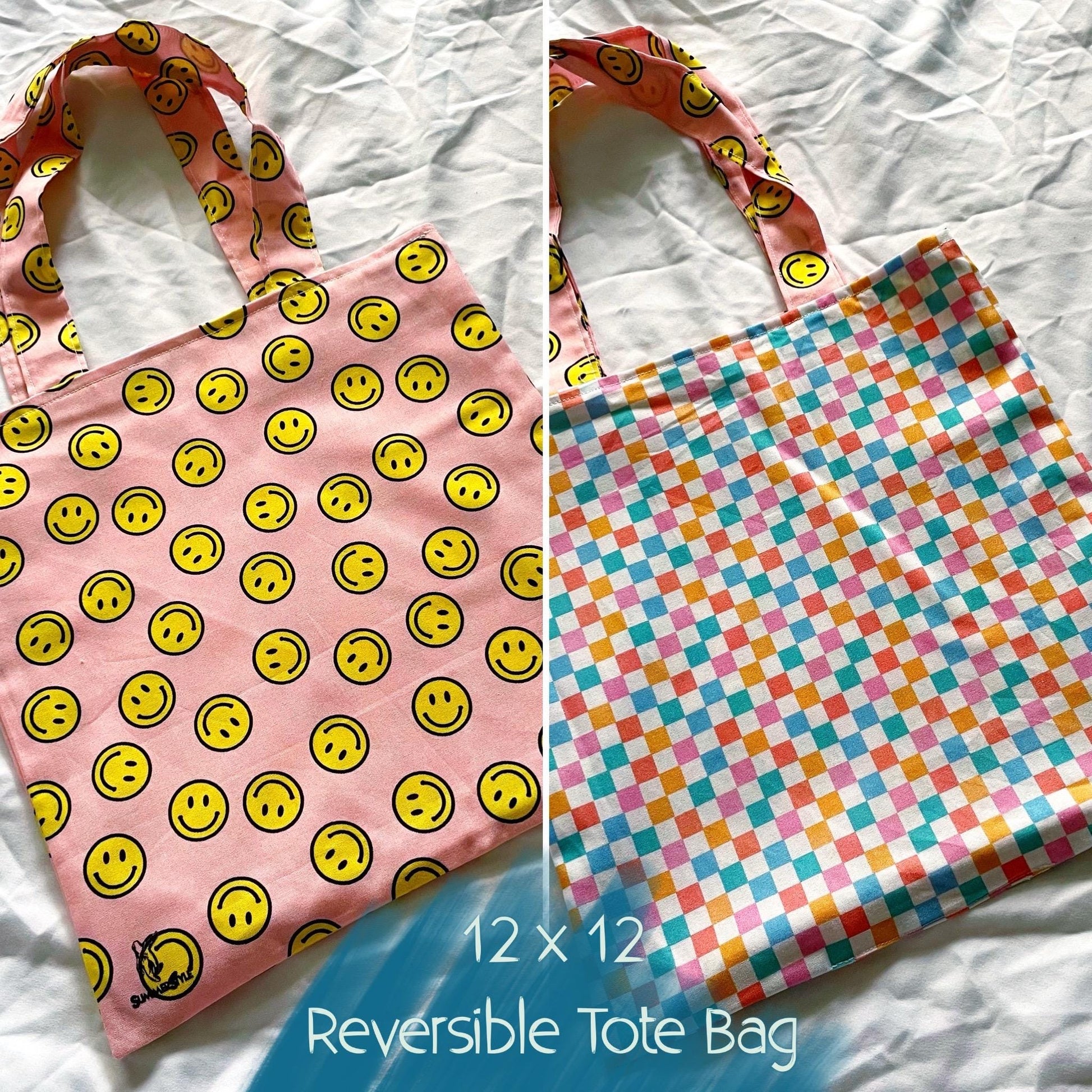 Happy Vibes Reversible Bookish Tote Bag, Reversible Tote, Tablet Bag, Book Tote, SummerStyle Bracelets
