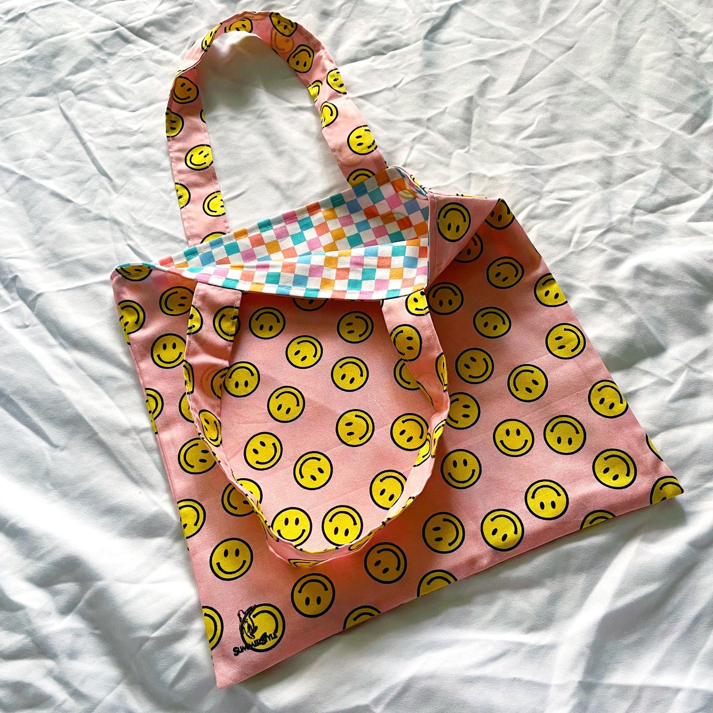 Happy Vibes Reversible Bookish Tote Bag, Reversible Tote, Tablet Bag, Book Tote, SummerStyle Bracelets