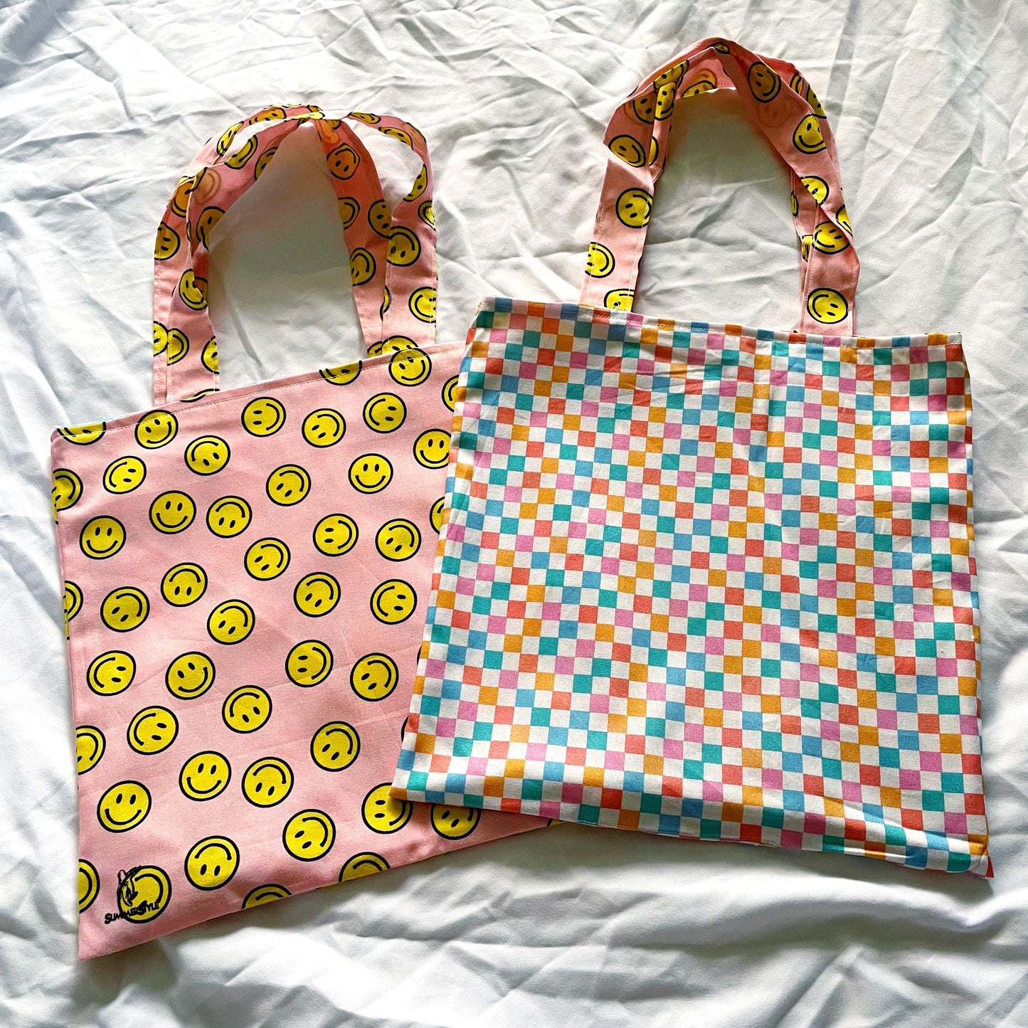 Happy Vibes Reversible Bookish Tote Bag, Reversible Tote, Tablet Bag, Book Tote, SummerStyle Bracelets