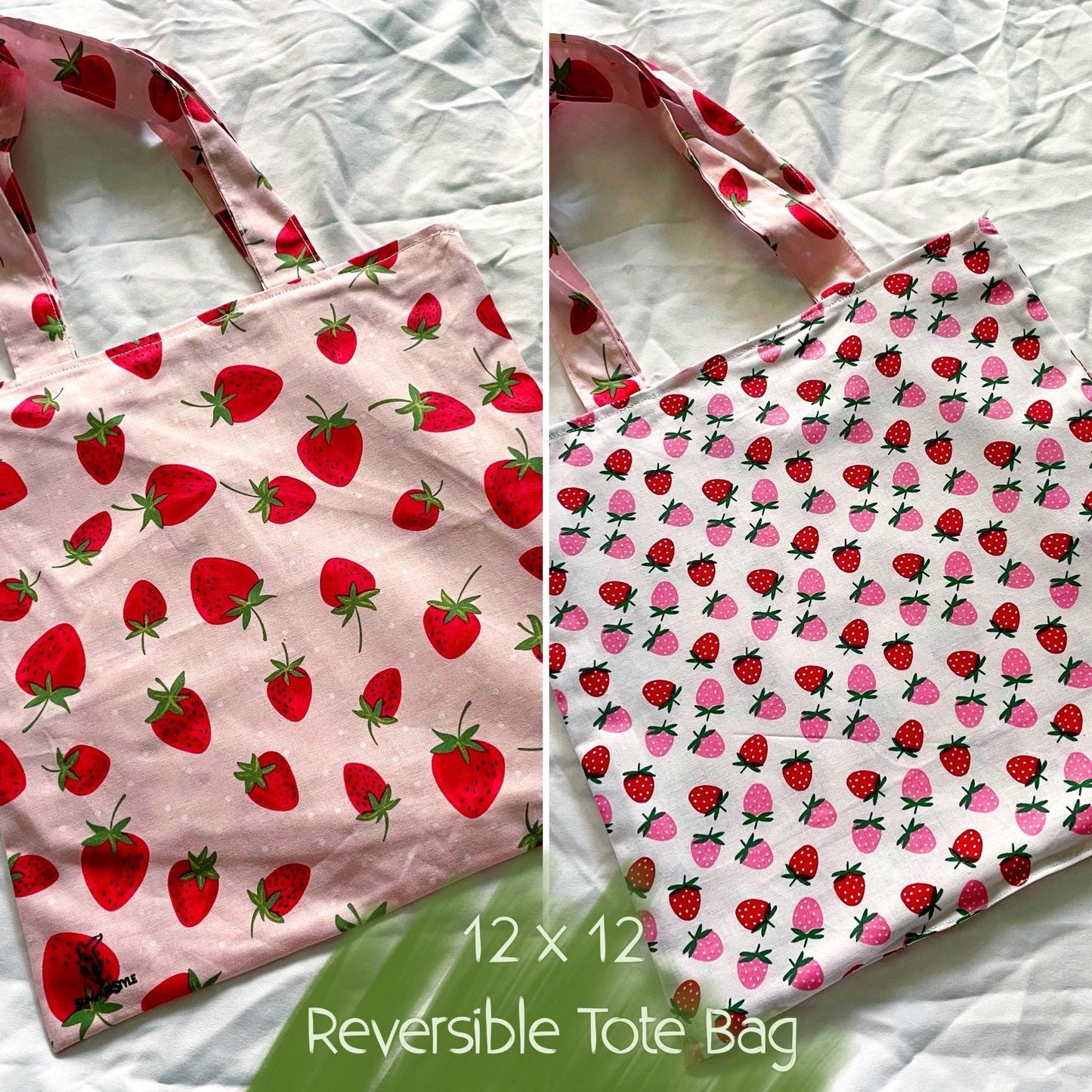 Double Strawberry Reversible Bookish Tote Bag, Reversible Tote, Tablet Bag, Book Tote, SummerStyle Bracelets