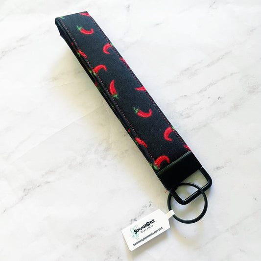 Black Chili Pepper Key Fob Wristlet, 6.5in Wristlet Lanyard, Keychain Wristlet, Handmade Lanyard, SummerStyle Bracelets