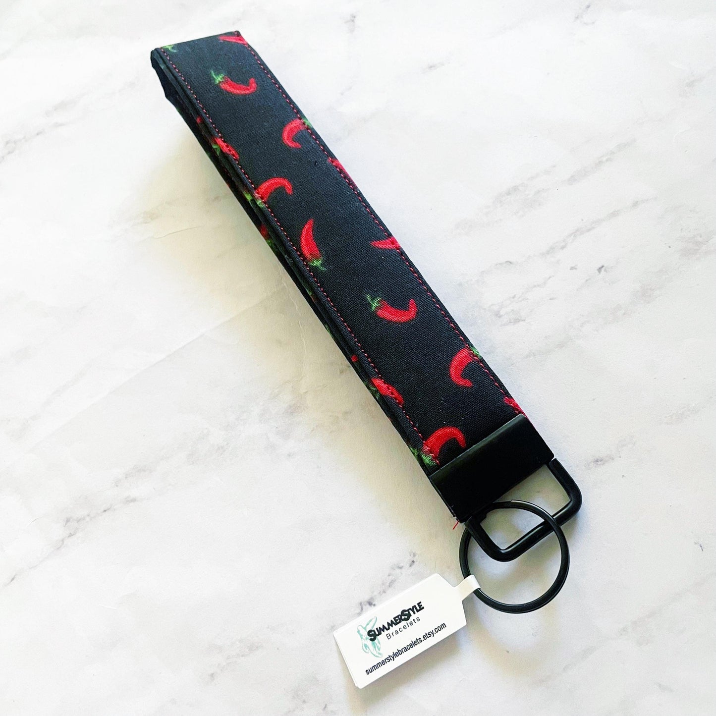 Black Chili Pepper Key Fob Wristlet, 6.5in Wristlet Lanyard, Keychain Wristlet, Handmade Lanyard, SummerStyle Bracelets