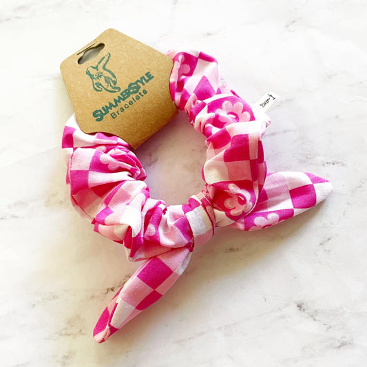 Pink Checkered Flower Bow Scrunchie, Hair Accessories, Bow Hair Tie, SummerStyle Bracelets