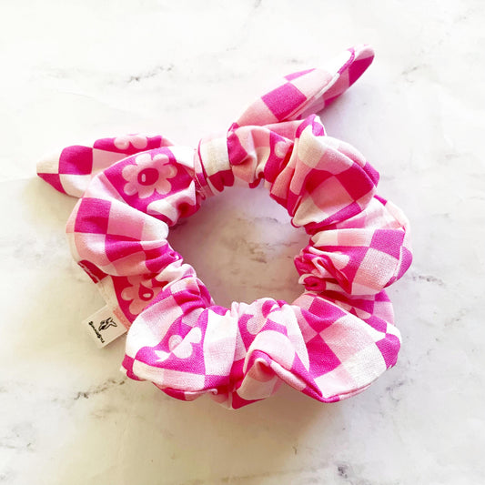 Pink Checkered Flower Bow Scrunchie, Hair Accessories, Bow Hair Tie, SummerStyle Bracelets