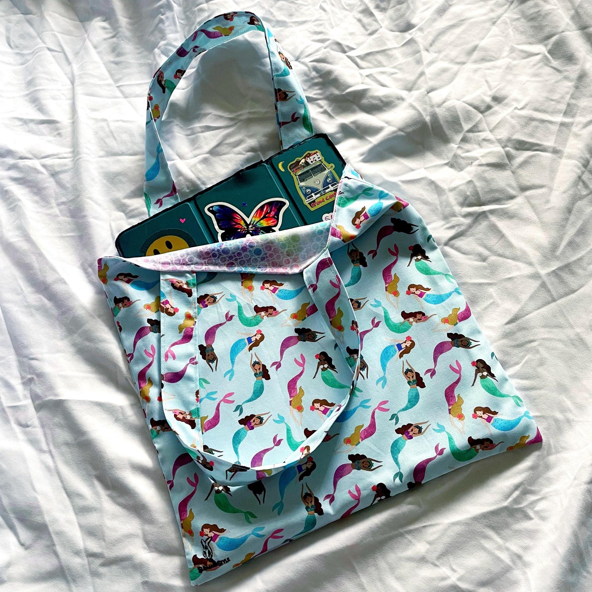 Mermaid Bubbles Reversible Bookish Tote Bag, Reversible Tote, Tablet Bag, Book Tote, SummerStyle Bracelets