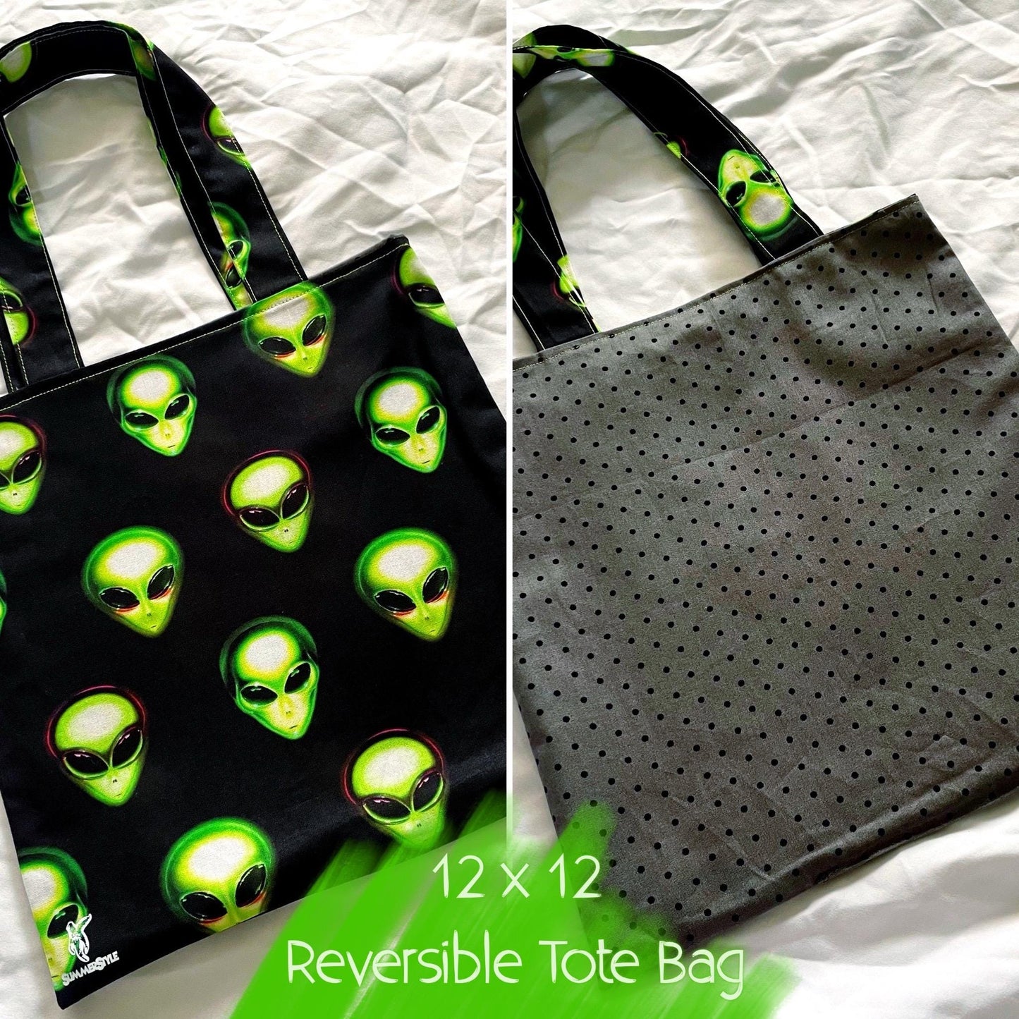 I Come in Peace Alien Reversible Bookish Tote Bag, Reversible Tote, Tablet Bag, Book Tote, SummerStyle Bracelets