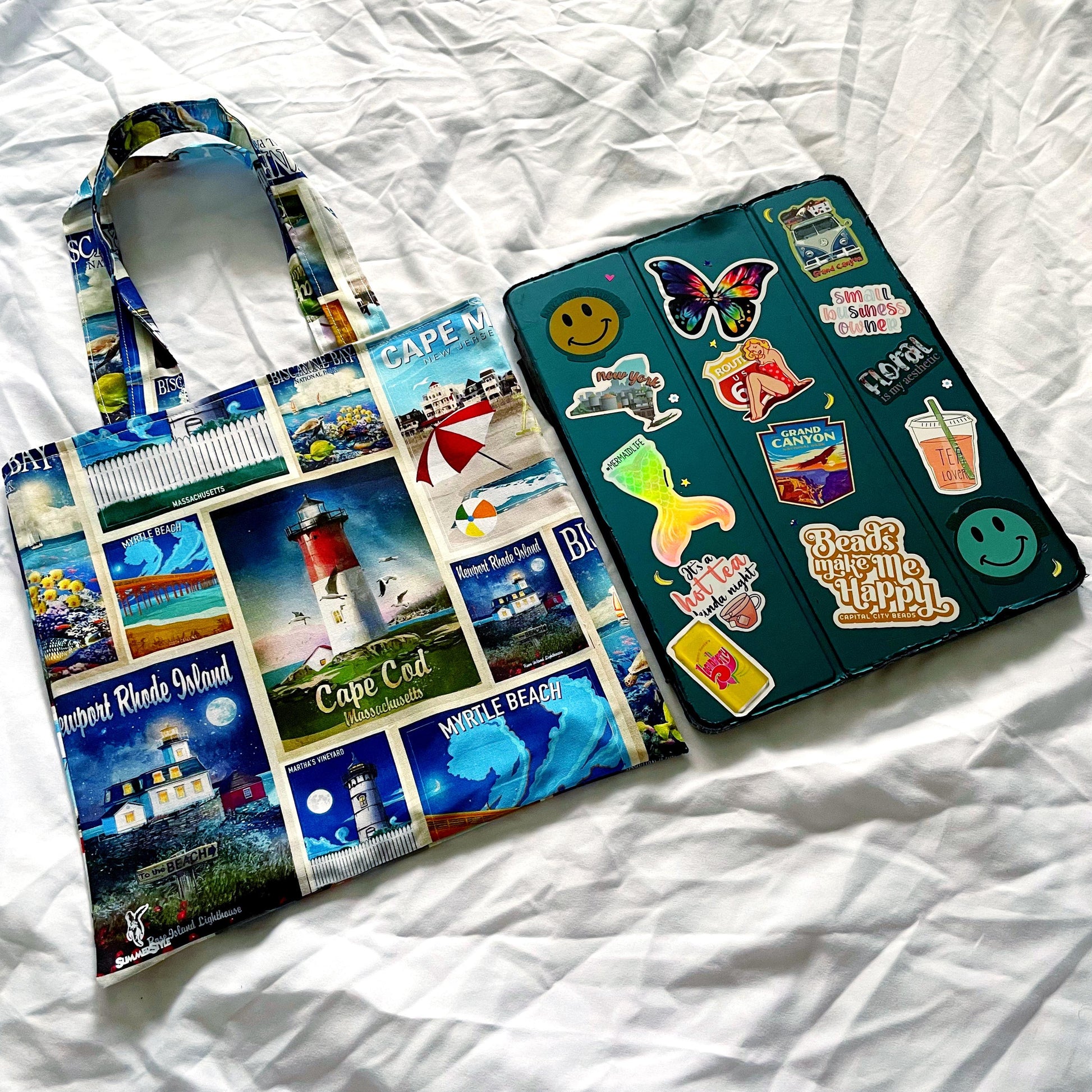 East Coast Summer Reversible Bookish Tote Bag, Reversible Tote, Tablet Bag, Book Tote, SummerStyle Bracelets