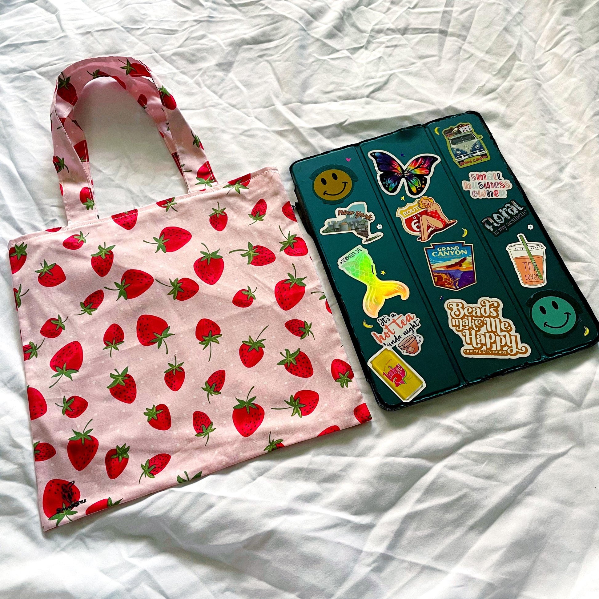 Double Strawberry Reversible Bookish Tote Bag, Reversible Tote, Tablet Bag, Book Tote, SummerStyle Bracelets