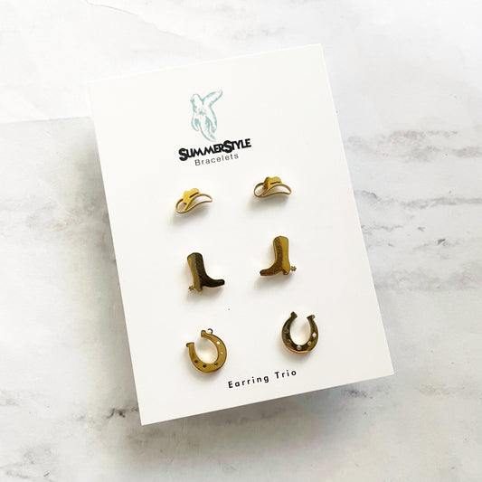 Gold Cowgirl Stud Earring Set, Stud Earrings Trio, Western Earrings, SummerStyle Bracelets