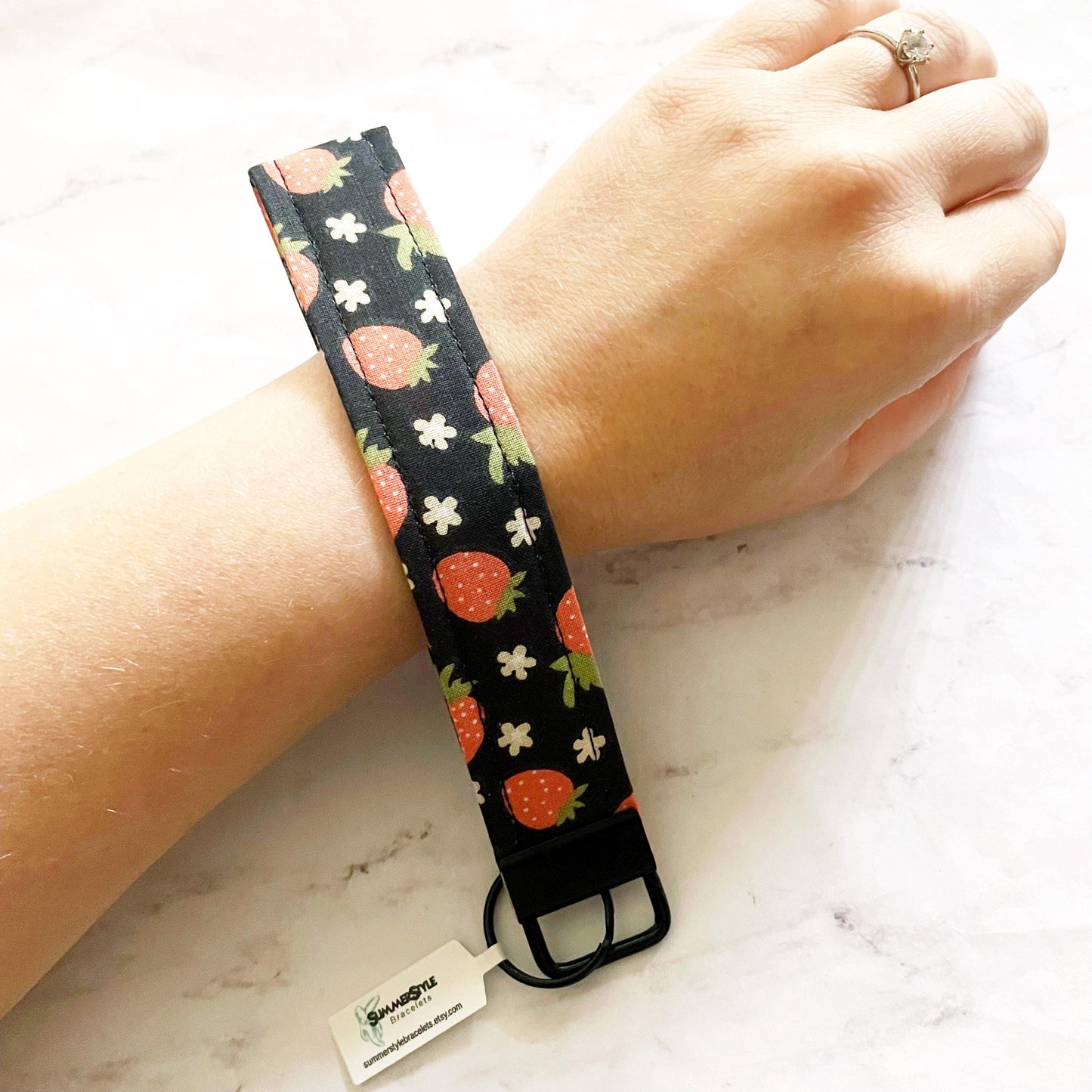Dark Strawberry Key Fob Wristlet, 6.5in Wristlet Lanyard, Keychain Wristlet, Handmade Lanyard, SummerStyle Bracelets