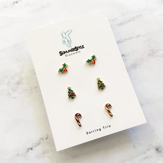 Happy Holiday Stud Earring Set, Stud Earrings Trio, Christmas Earrings, SummerStyle Braceles