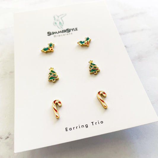 Happy Holiday Stud Earring Set, Stud Earrings Trio, Christmas Earrings, SummerStyle Braceles